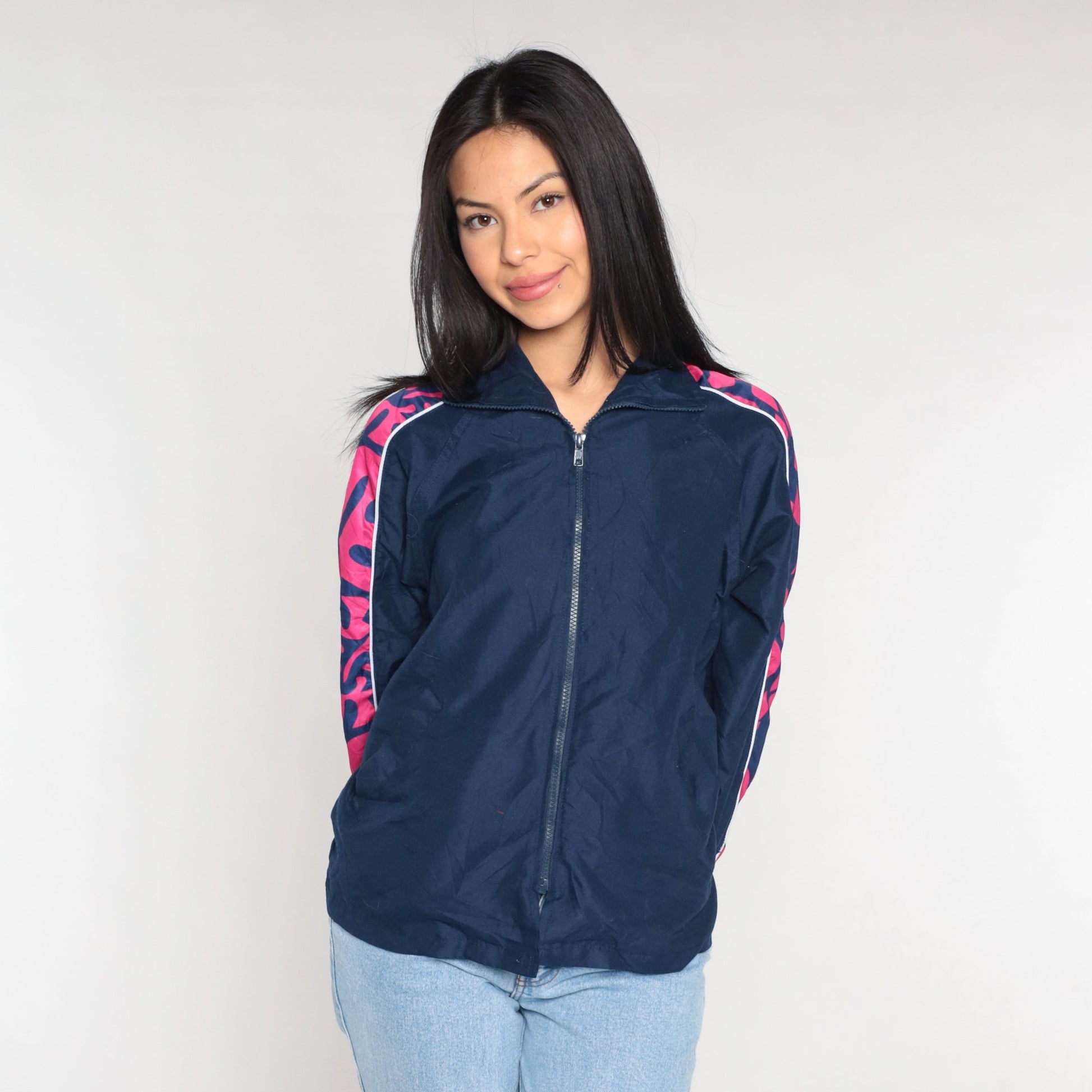 00s Navy Windbreaker Jacket Pink Abstract Print Zip-Up Extra Small