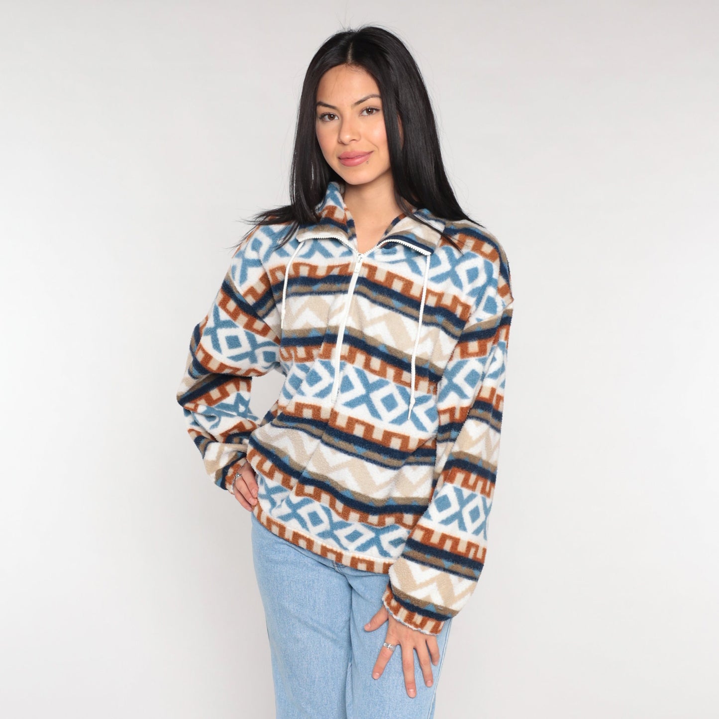 90s Striped Geometric Fleece Half Zip Pullover Blue White Orange Medium