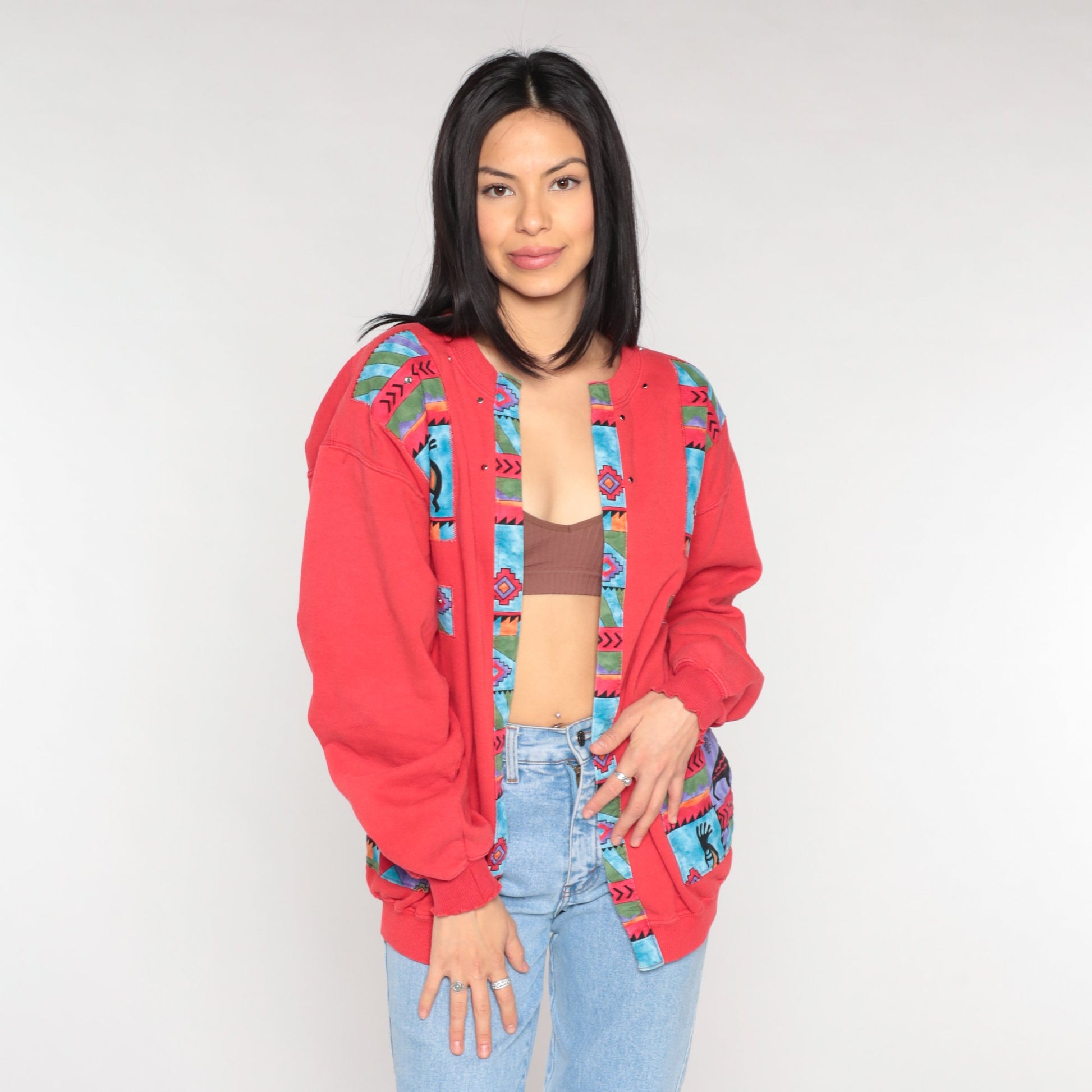 Y2K Southwestern Sweatshirt Cardigan Red Kokopelli Print Open Front Medium M