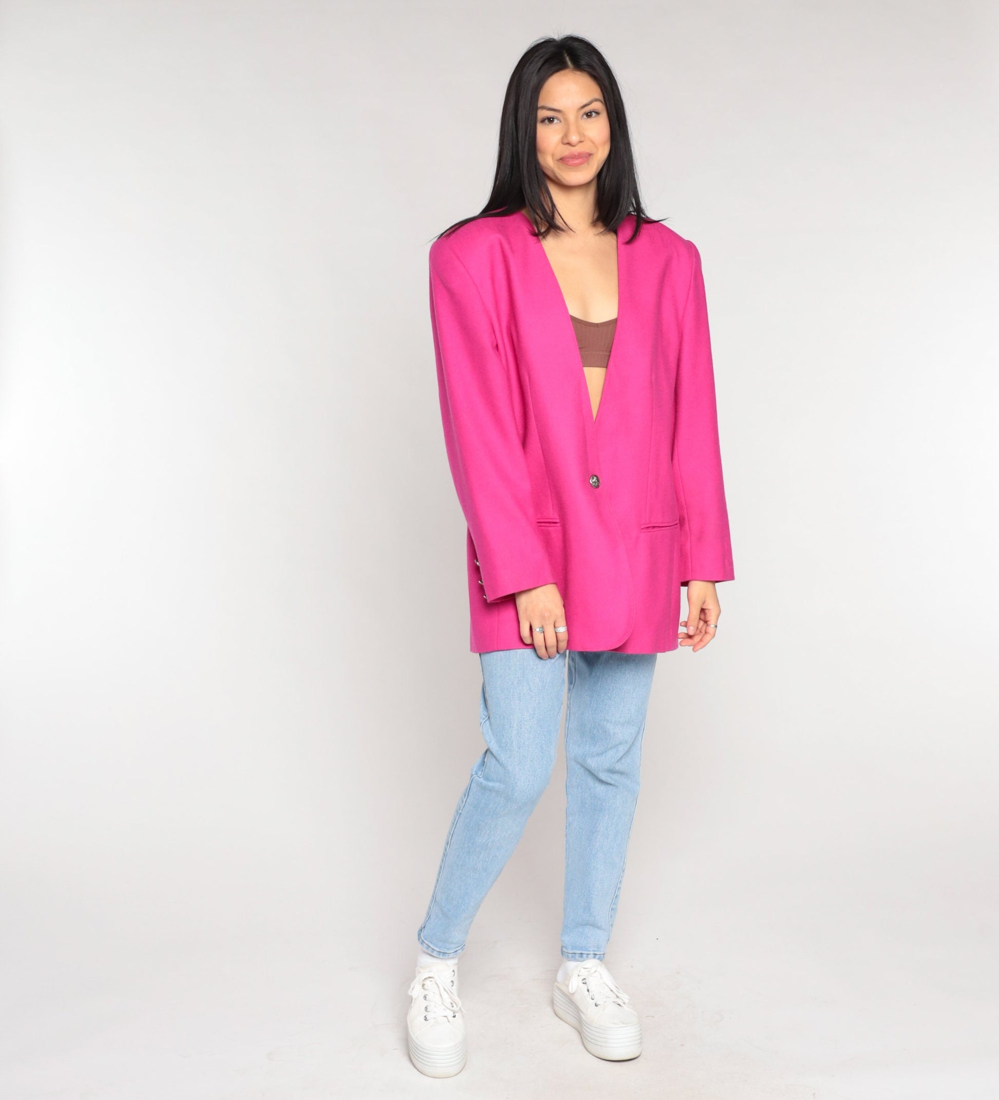 90s Georgio Sant Angelo Wool Blazer Fuchsia Pink Satin Lined Large L
