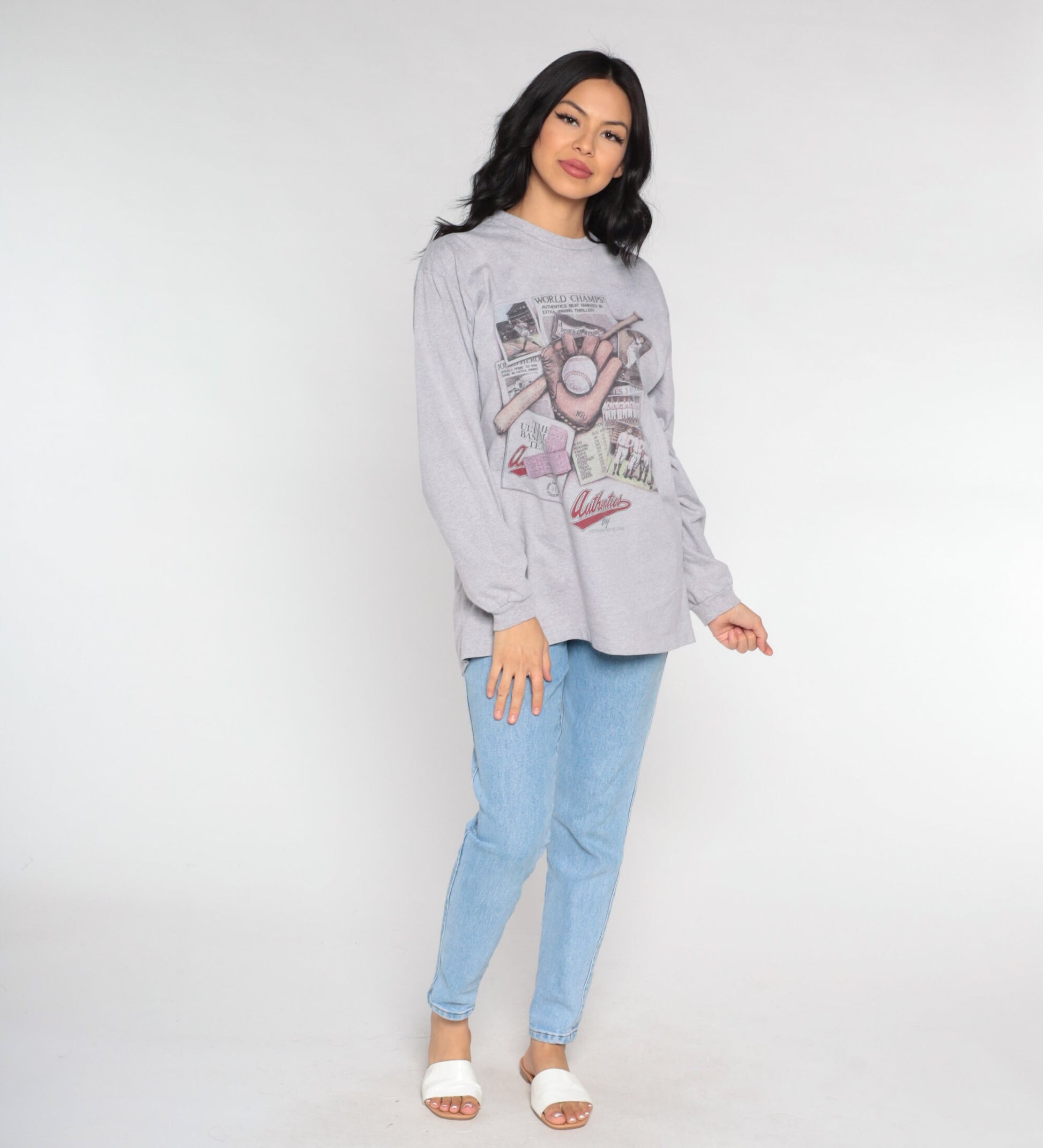 90s Northern Reflections Baseball Long Sleeve T-Shirt Grey Graphic Large