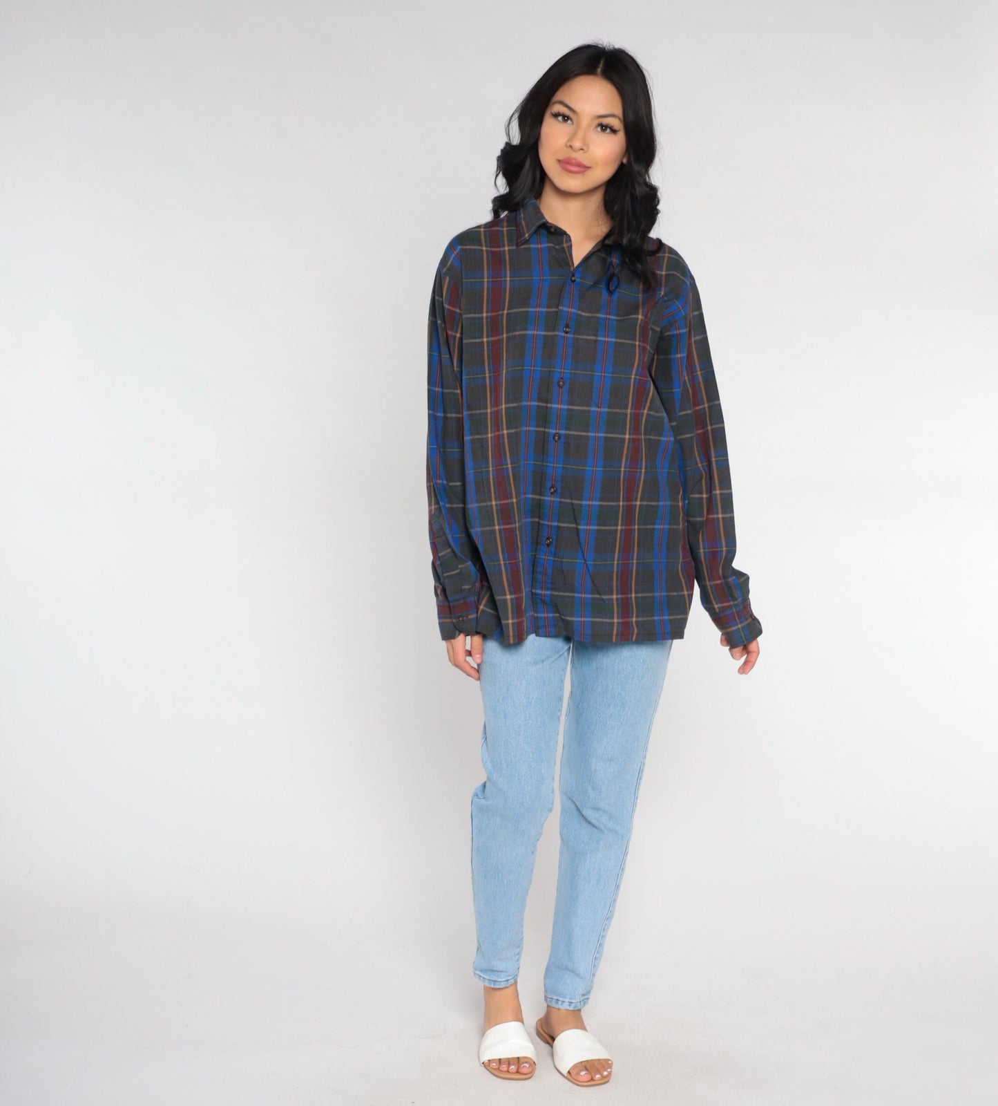 90s Grey Blue Plaid Button-Up Shirt Long Sleeve Mens Large L