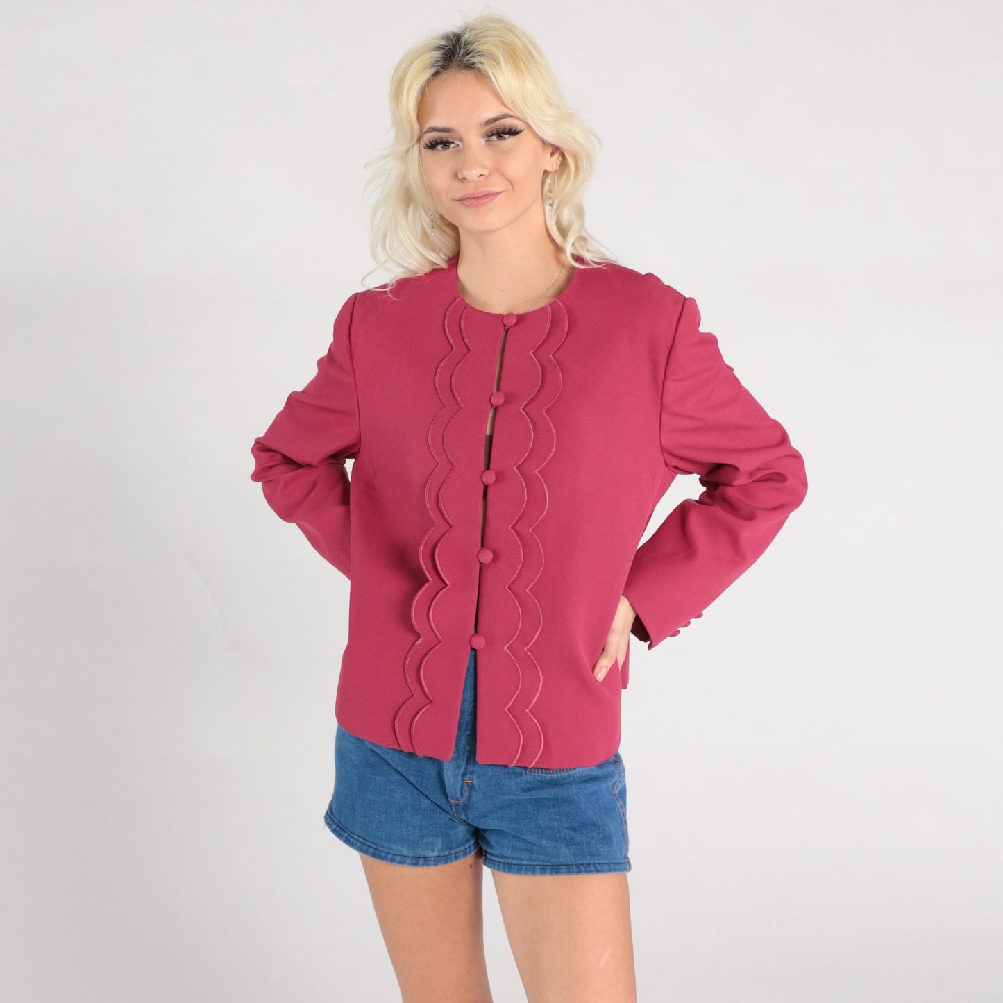 80s Raspberry Pink Scalloped Blazer Button-Up Jacket Women Large L