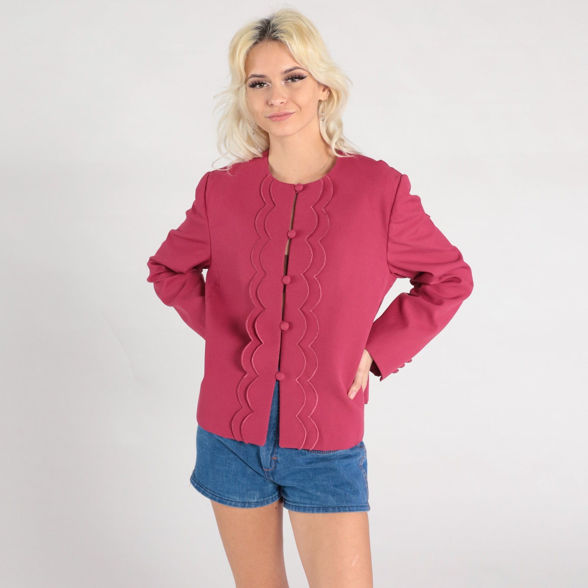 80s Raspberry Pink Scalloped Blazer Button-Up Jacket Women Large L