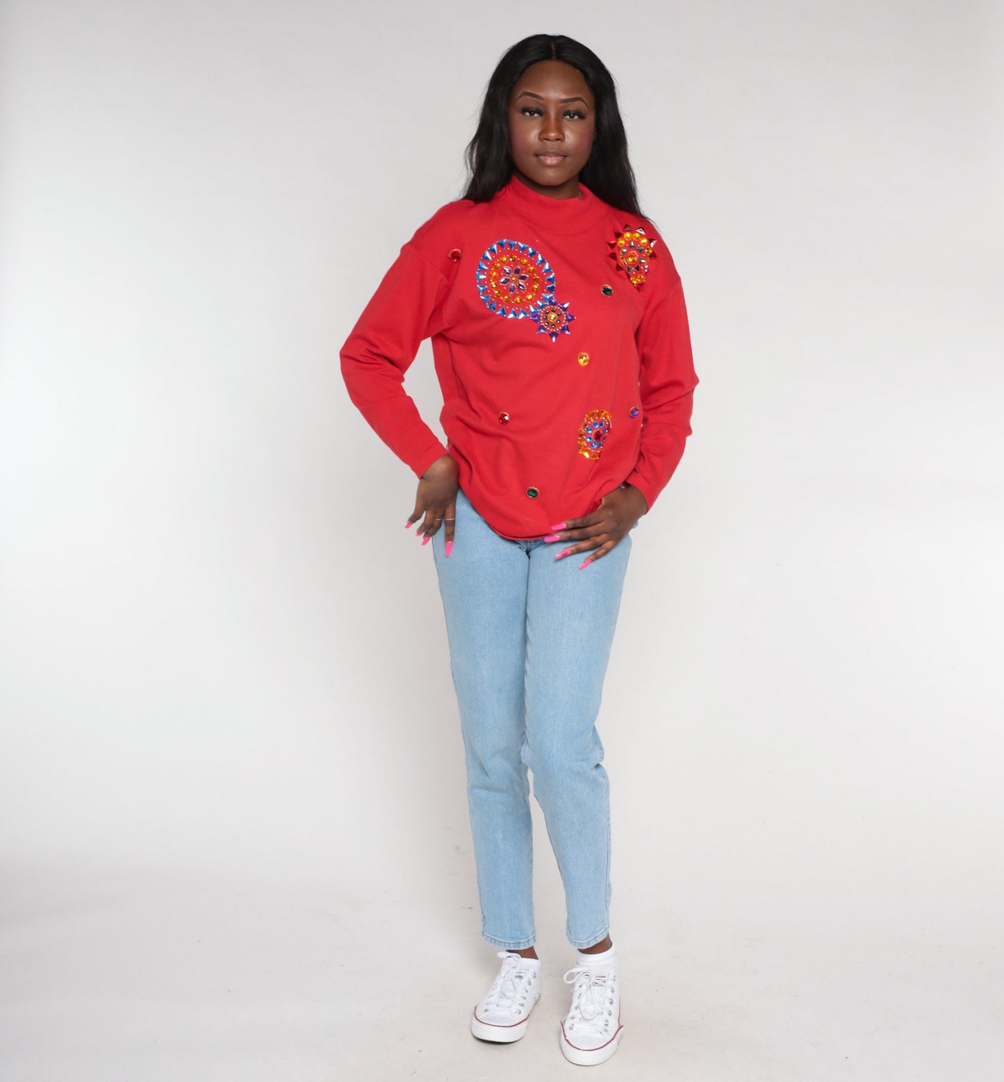 90s Red Rhinestone Mandala Long Sleeve T-Shirt Crystal Bedazzled Top Small