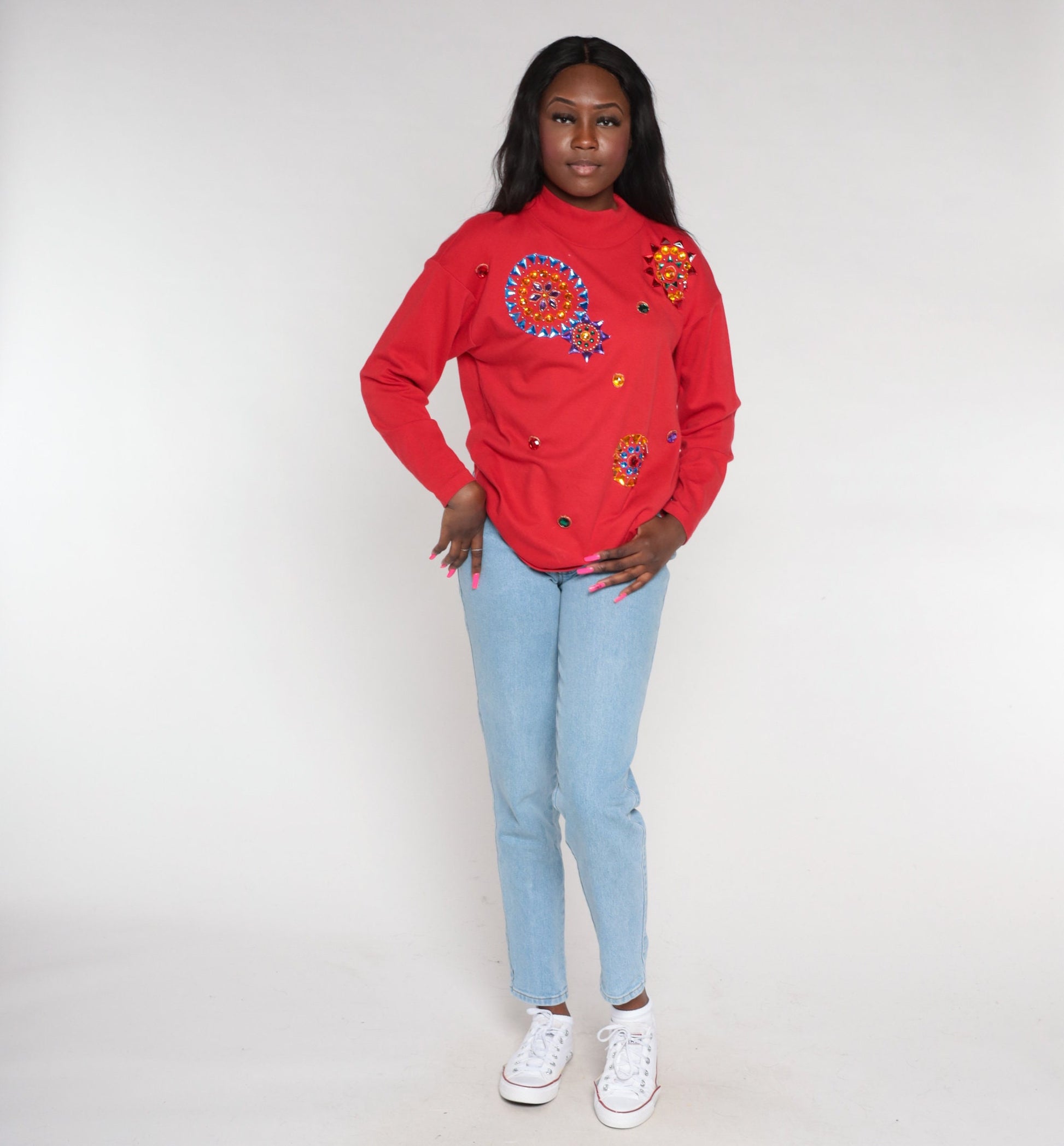 90s Red Rhinestone Mandala Long Sleeve T-Shirt Crystal Bedazzled Top Small