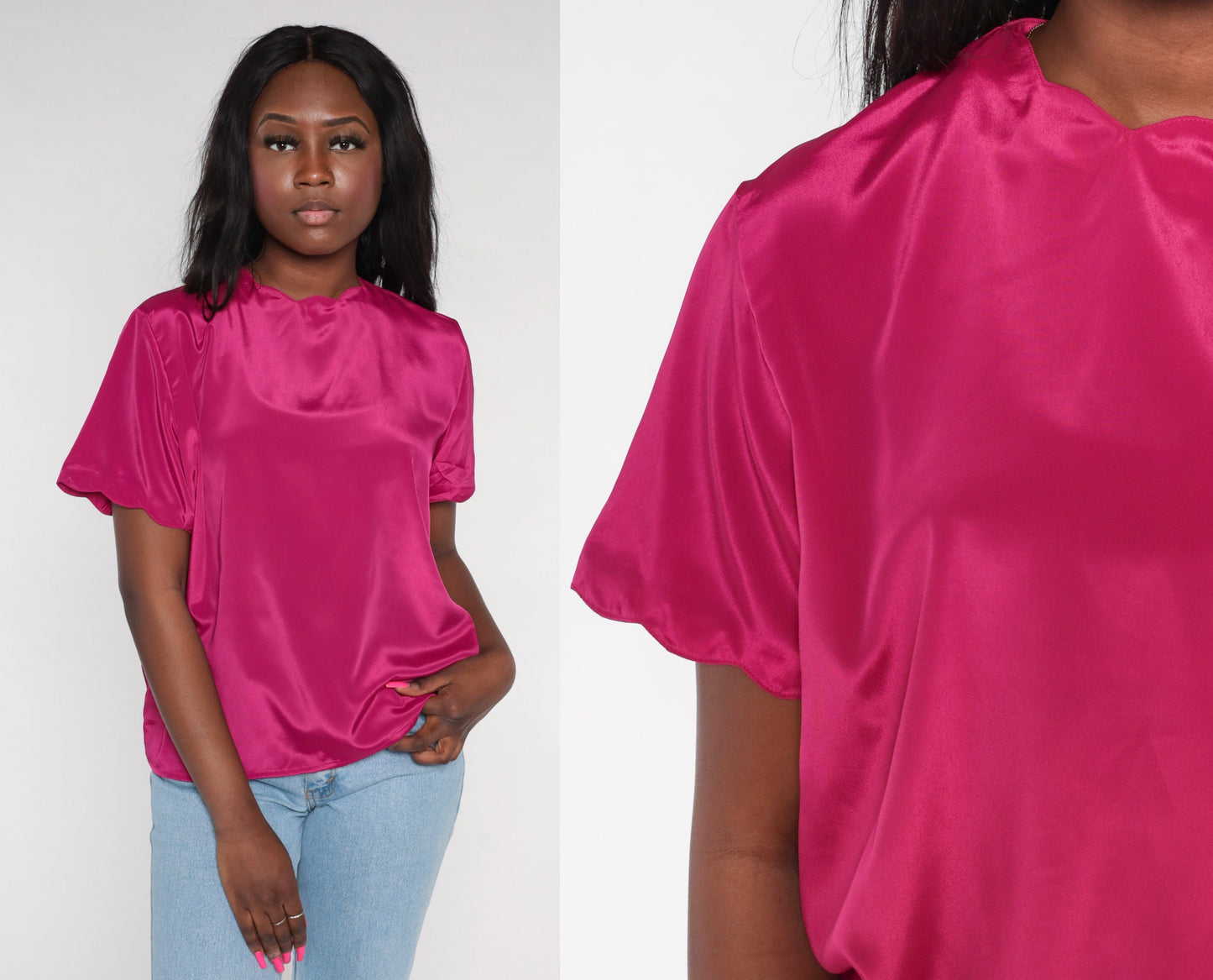 90s Fuchsia Pink Blouse Scalloped Neckline Short Sleeve Medium
