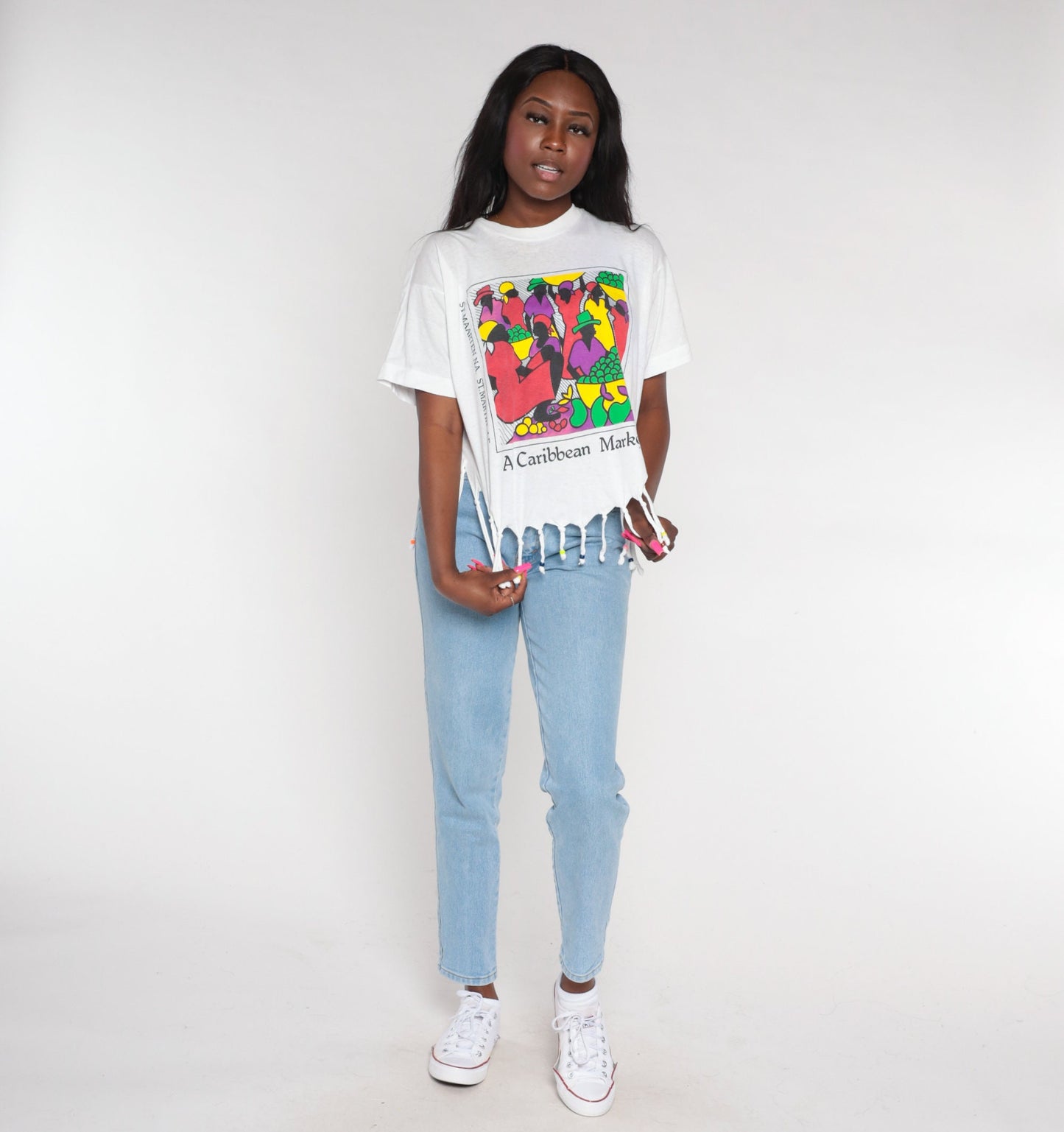 90s Caribbean Market St. Martin Graphic T-Shirt Beaded Fringe White Medium Large