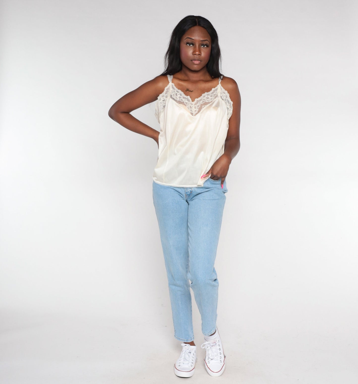 80s Off-White Nylon Lace Trim Camisole Tank Top Extra Large XL