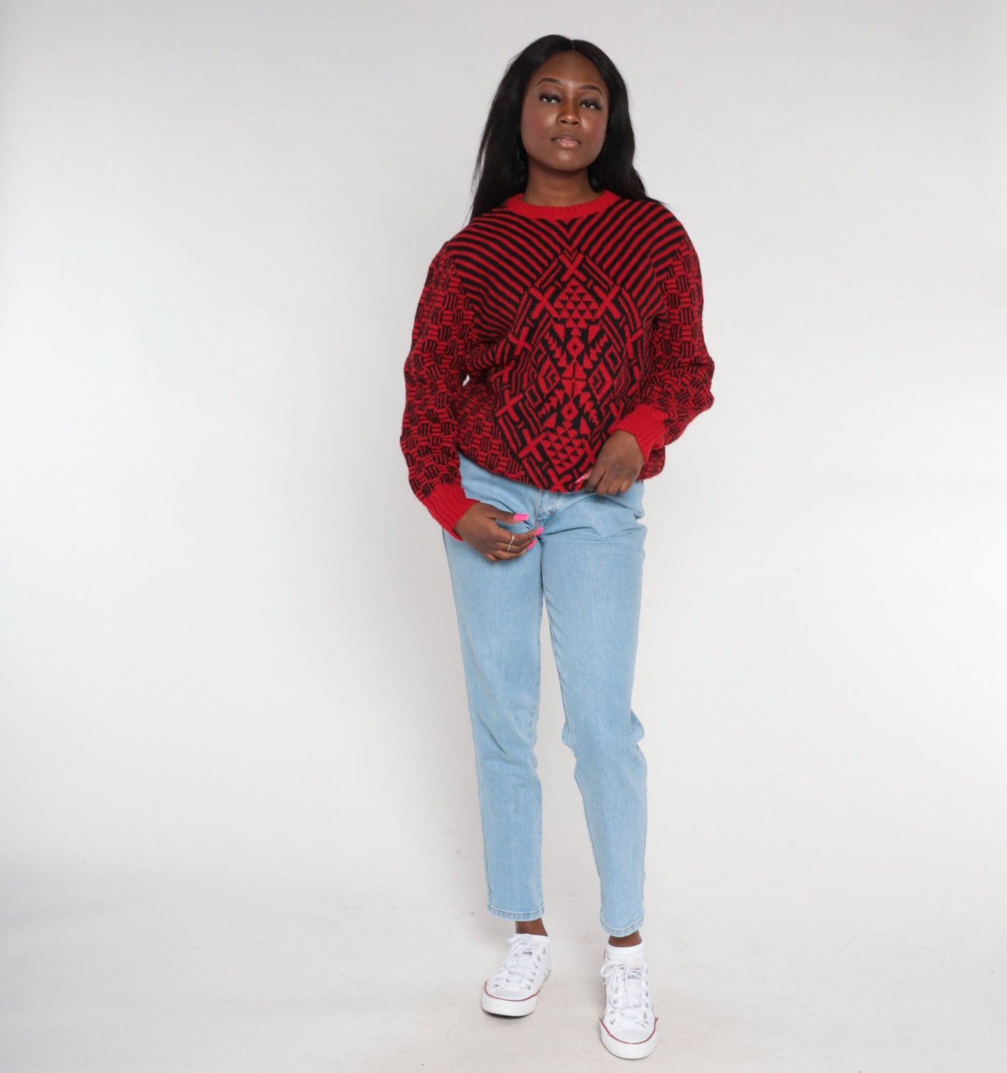 80s Saks Fifth Avenue Wool Sweater Red Geometric Black Op Art Medium M