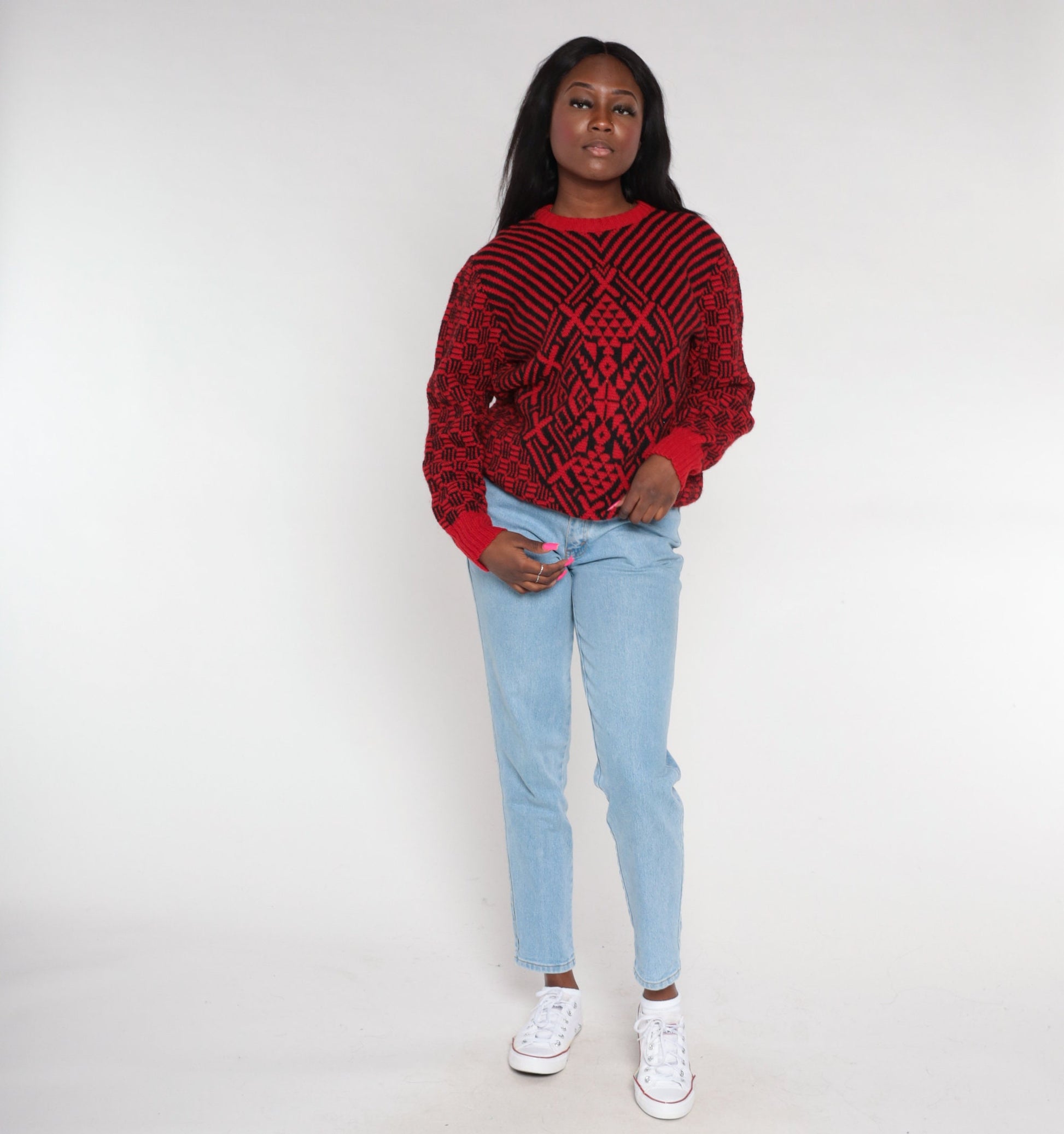 80s Saks Fifth Avenue Wool Sweater Red Geometric Black Op Art Medium M