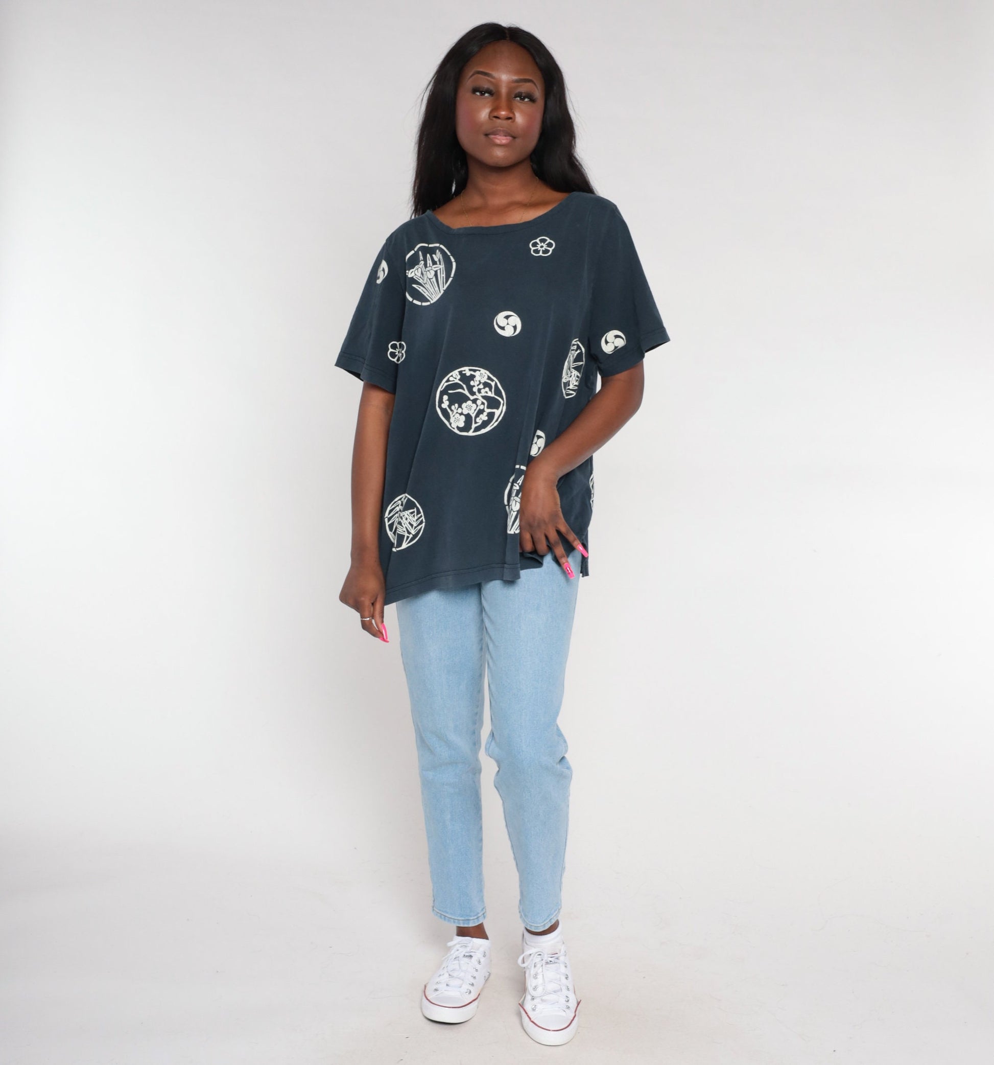 90s Japanese Floral Graphic Tee Black Cotton Cherry Blossom Extra Large XXL