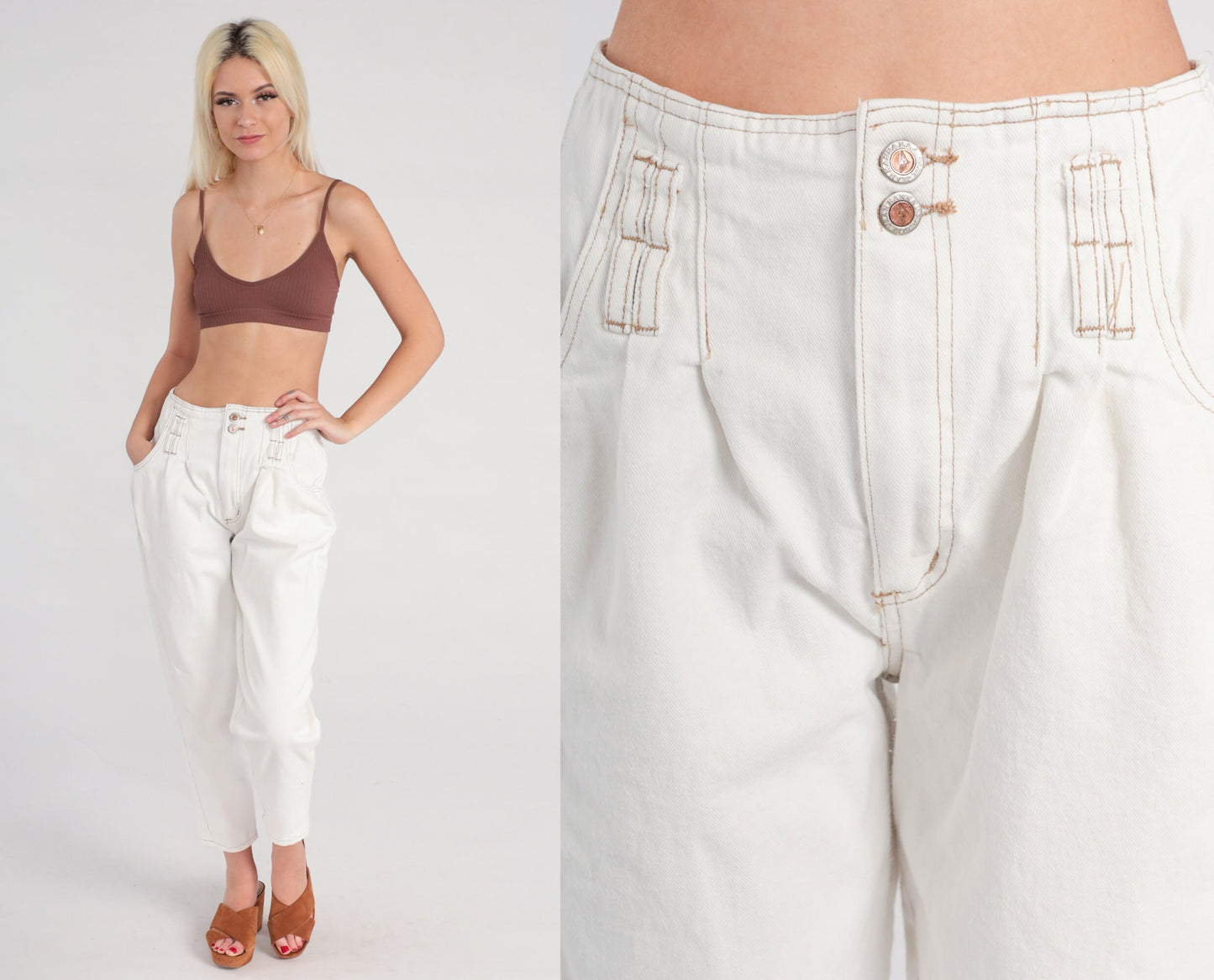 80s Pleated White Denim Jeans High Waist Tapered Cotton Small