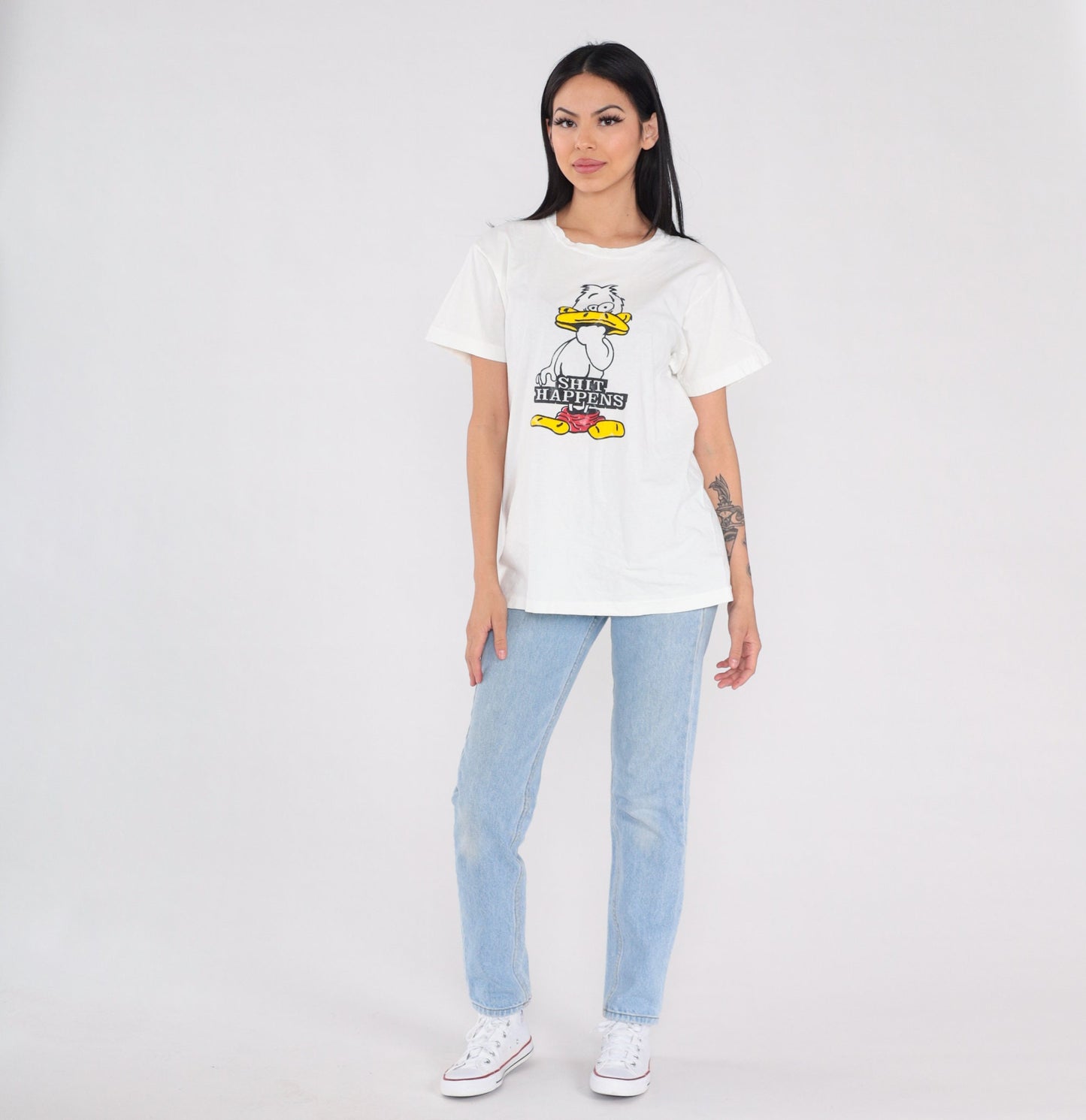 90s Shit Happens Duck Graphic T-Shirt White Single Stitch Medium M