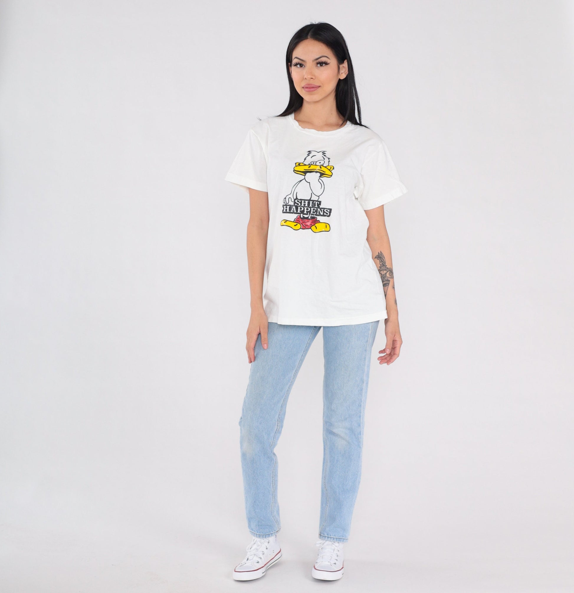 90s Shit Happens Duck Graphic T-Shirt White Single Stitch Medium M