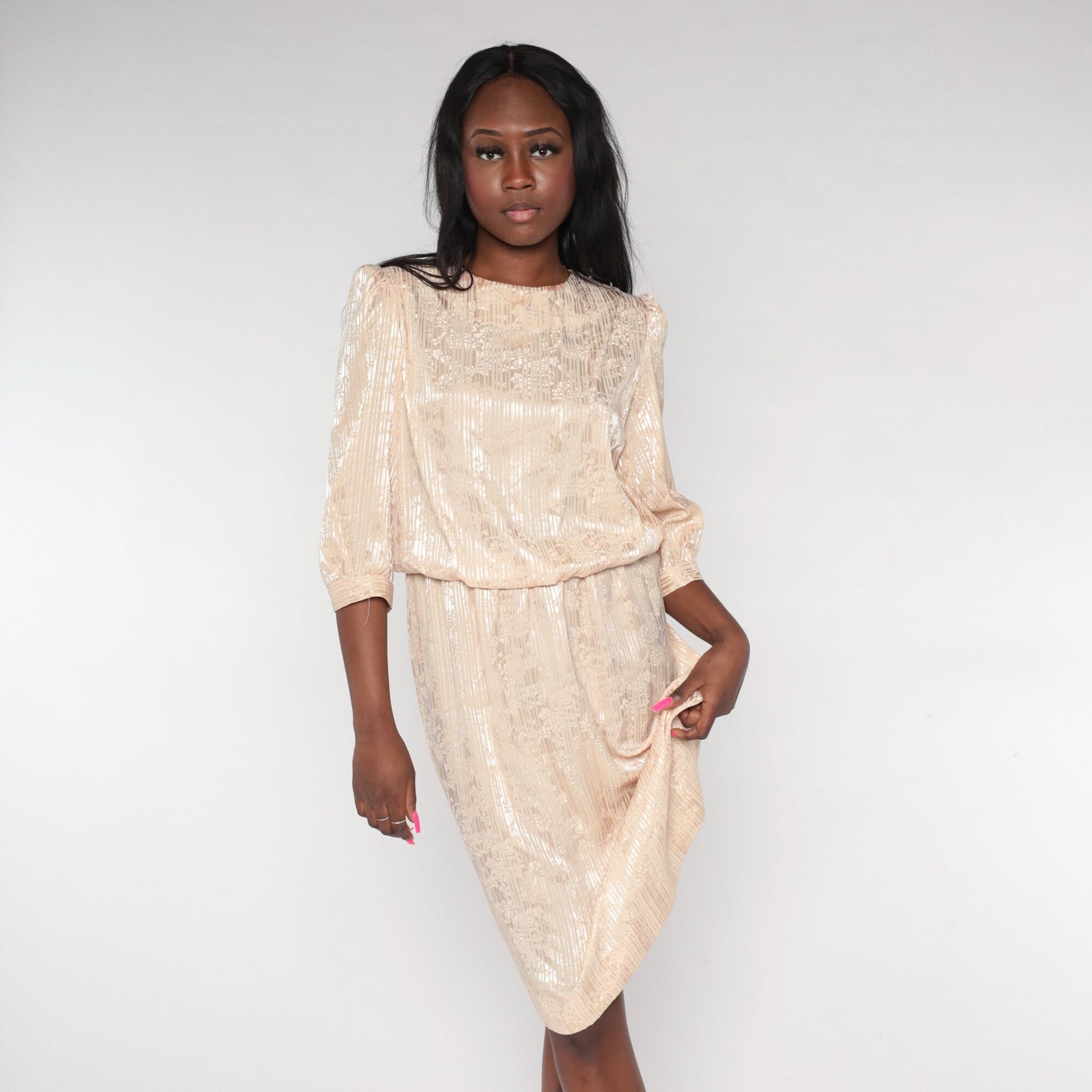 80s Champagne Embossed Floral Midi Dress Puff Sleeve Blouson Medium M