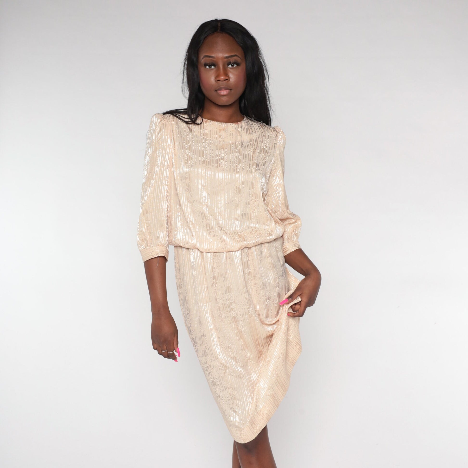 80s Champagne Embossed Floral Midi Dress Puff Sleeve Blouson Medium M