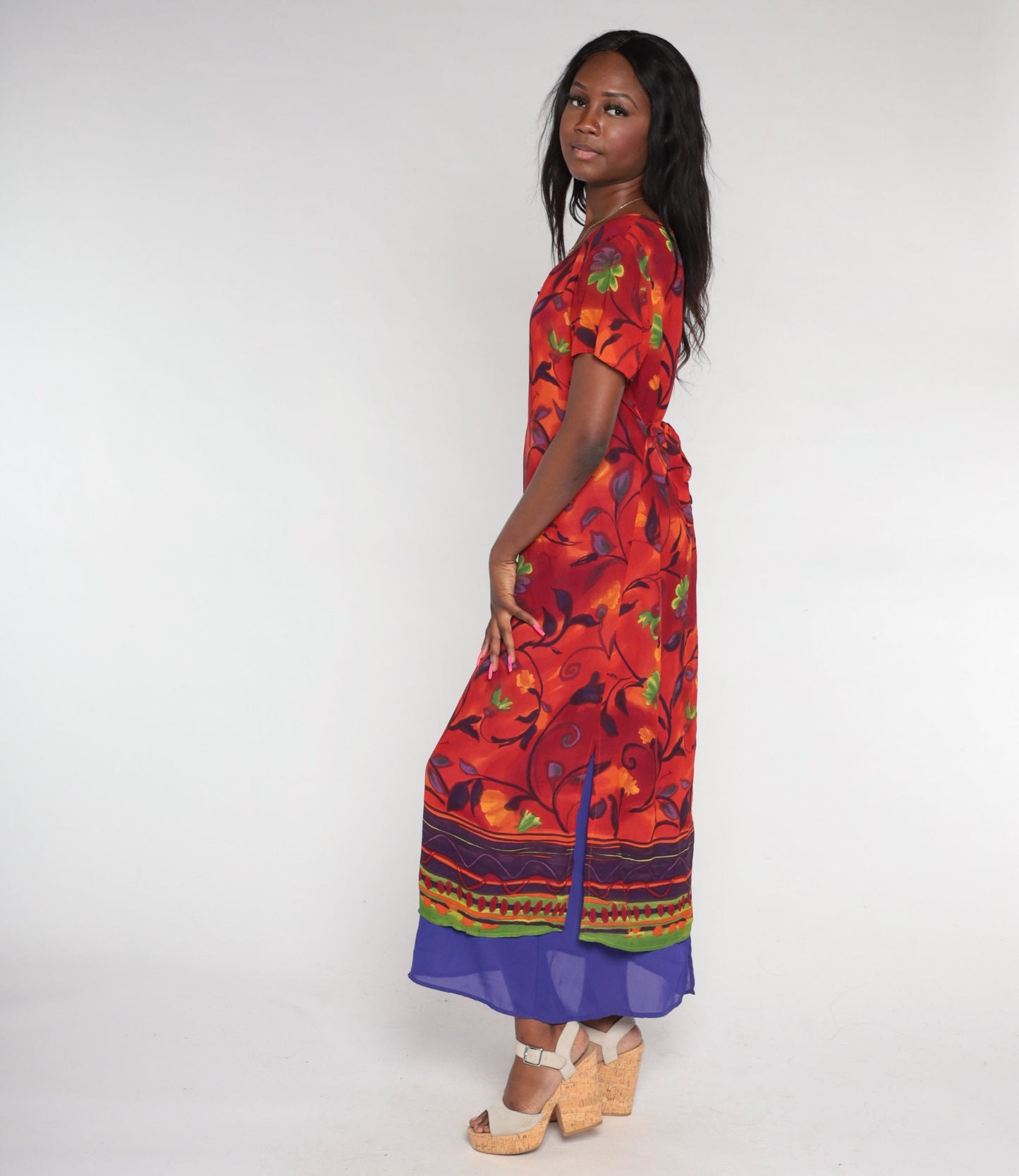 90s Red Floral Midi Dress Purple Layered Hem Short Sleeve Medium