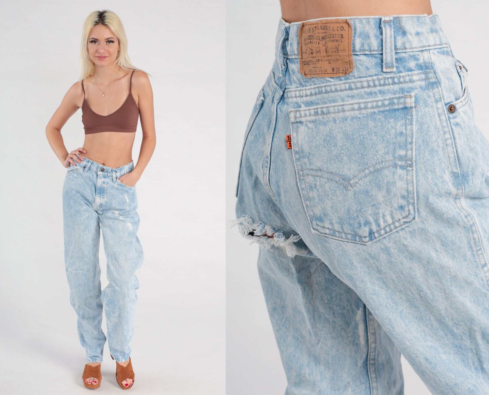 80s Levis 501 High Waist Straight Leg Jeans Distressed Acid Wash Denim 30x34