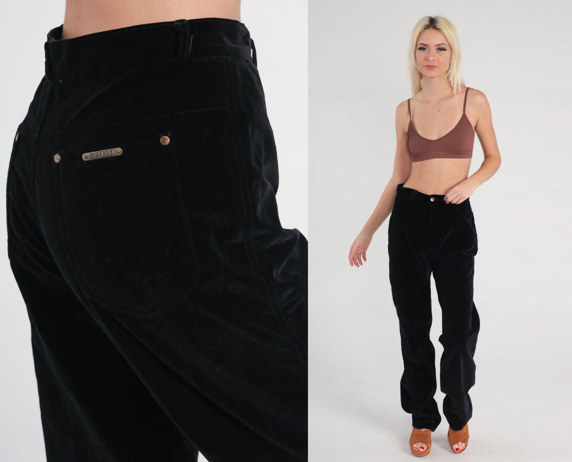 90s G Pellini Black Velvet High-Waisted Straight-Leg Trousers Medium