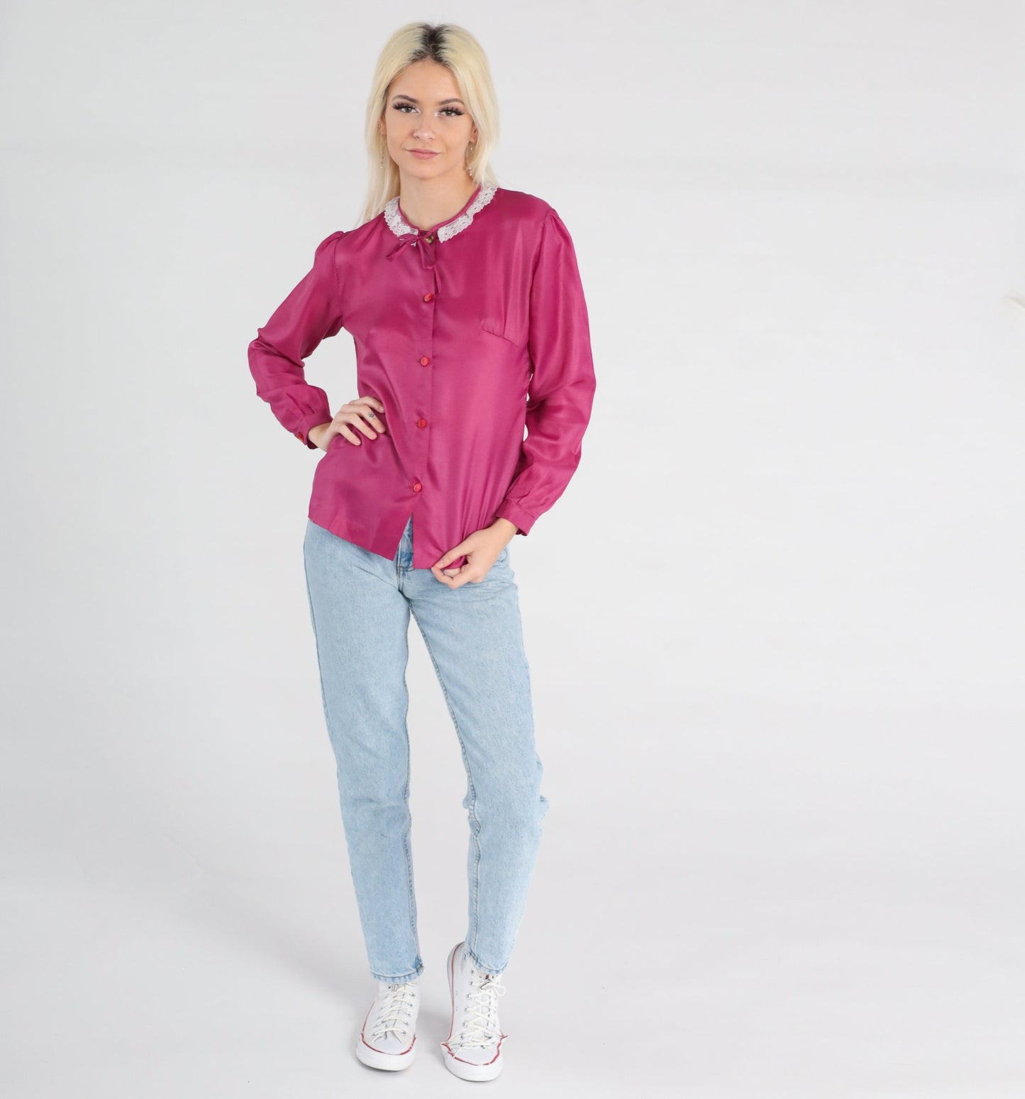 80s Raspberry Pink Puff Sleeve Button-Up Blouse Lace Collar Small
