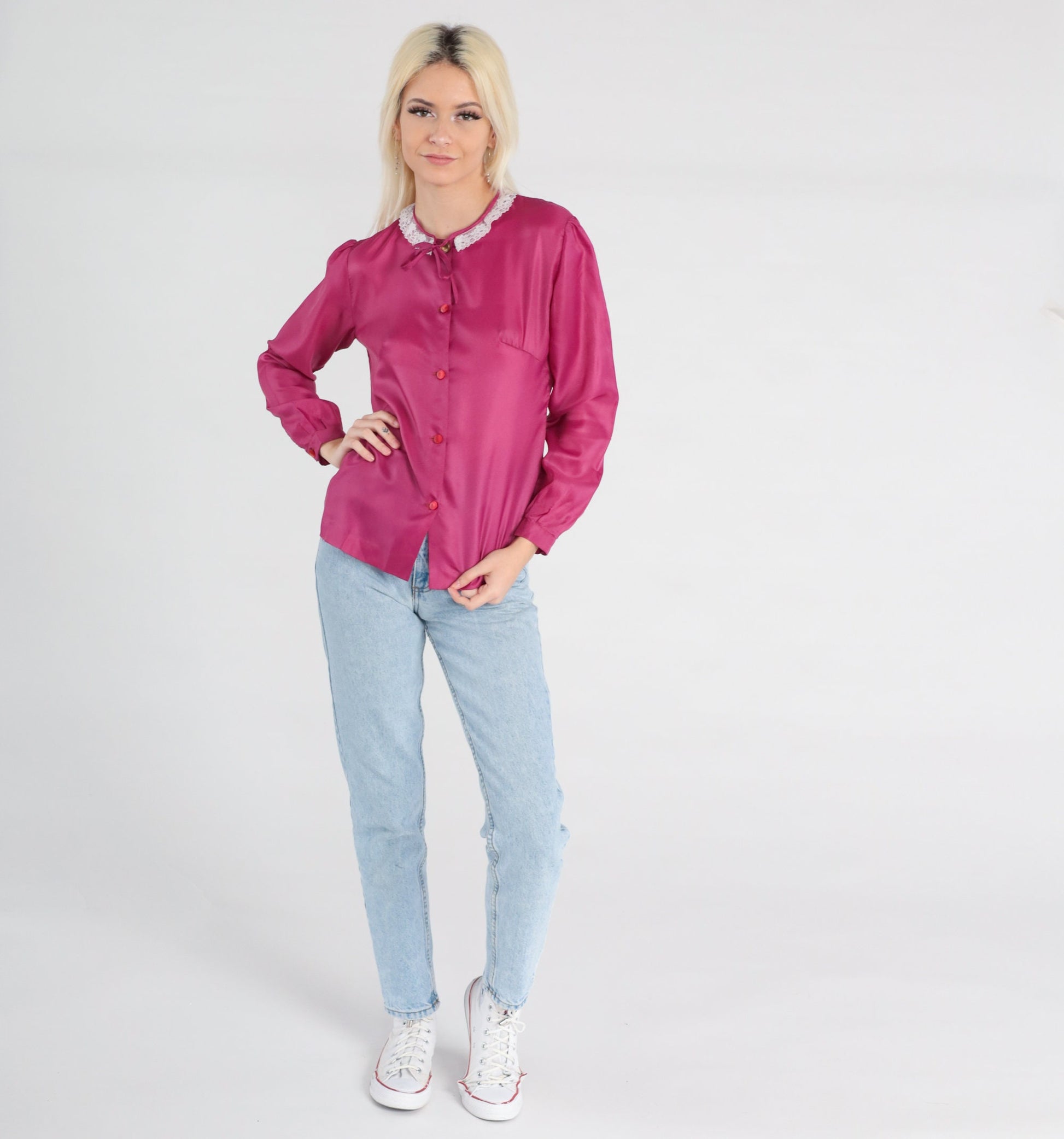 80s Raspberry Pink Puff Sleeve Button-Up Blouse Lace Collar Small