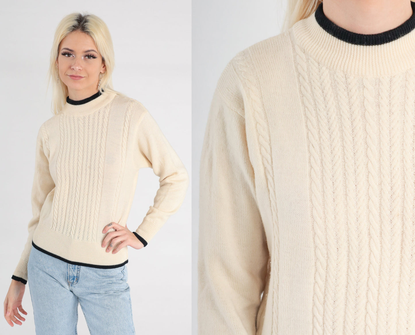90s Liz Claiborne Cream Wool Cable Knit Crewneck Sweater Small S