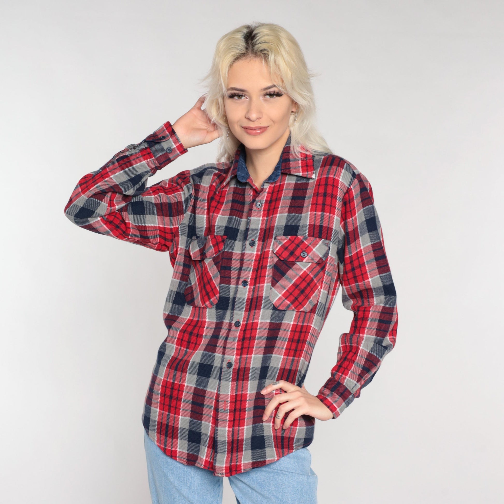 90s Ozark Trail Flannel Shirt Red Plaid Button-Up Long Sleeve Small