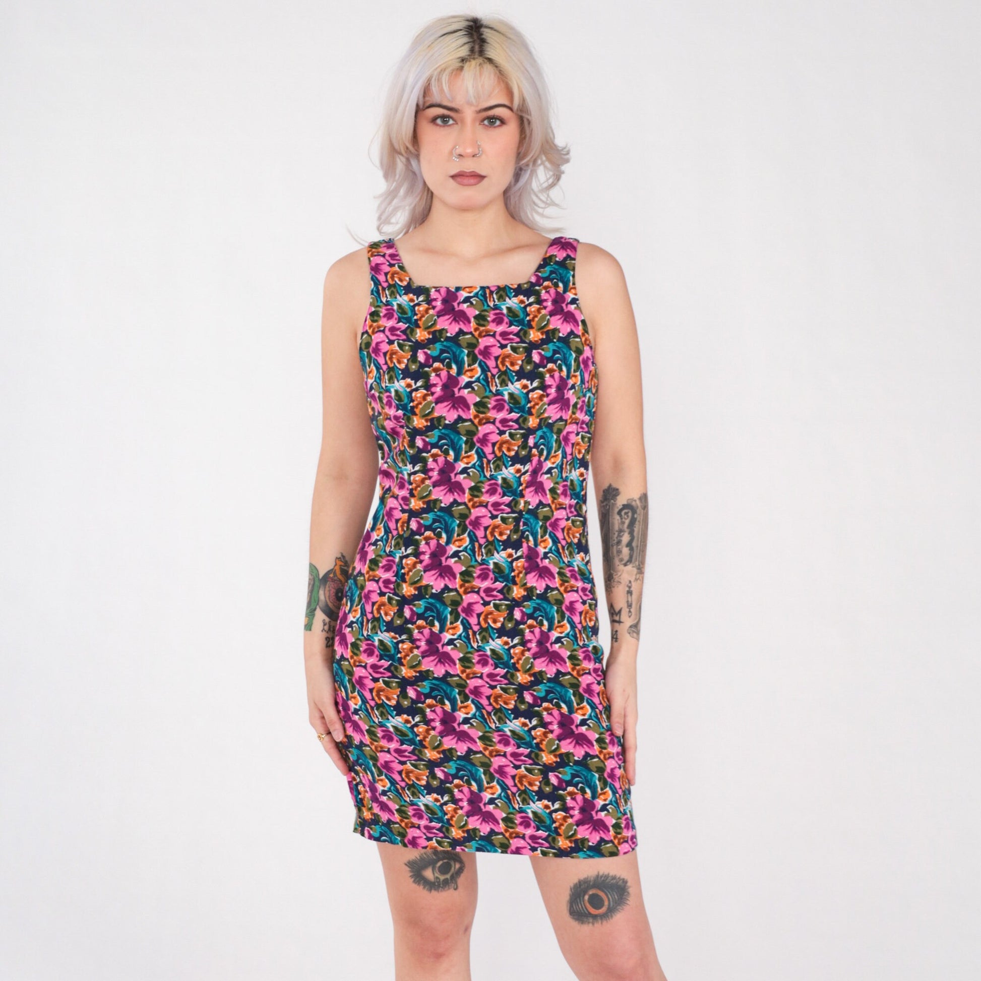 90s Floral Rayon Mini Dress Multicolored Sleeveless Sheath Small S