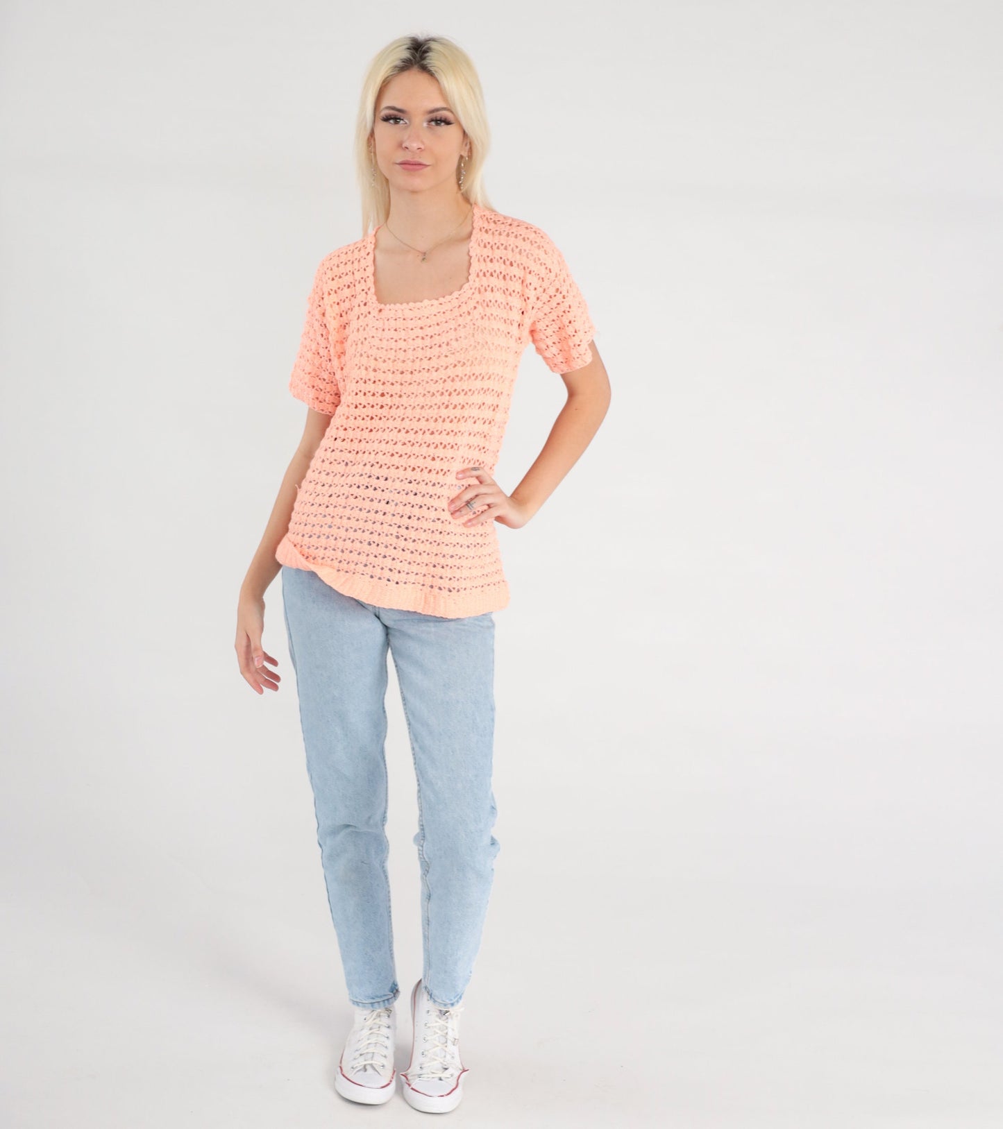80s Orange Crochet Blouse Peach Open Weave Short Sleeve Small