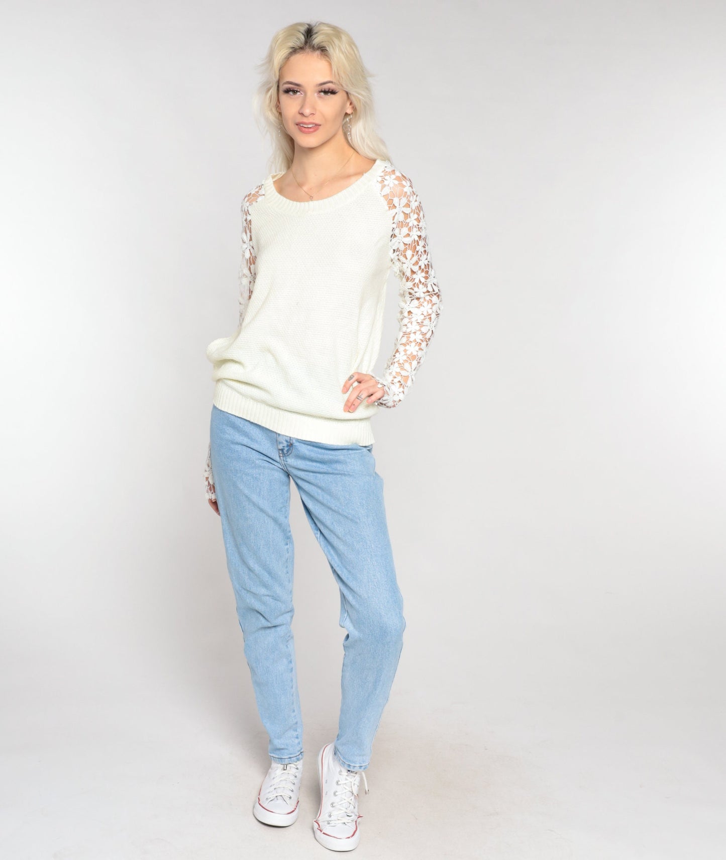 90s White Crochet Floral Knit Sweater Sheer Sleeve Pullover Medium Large