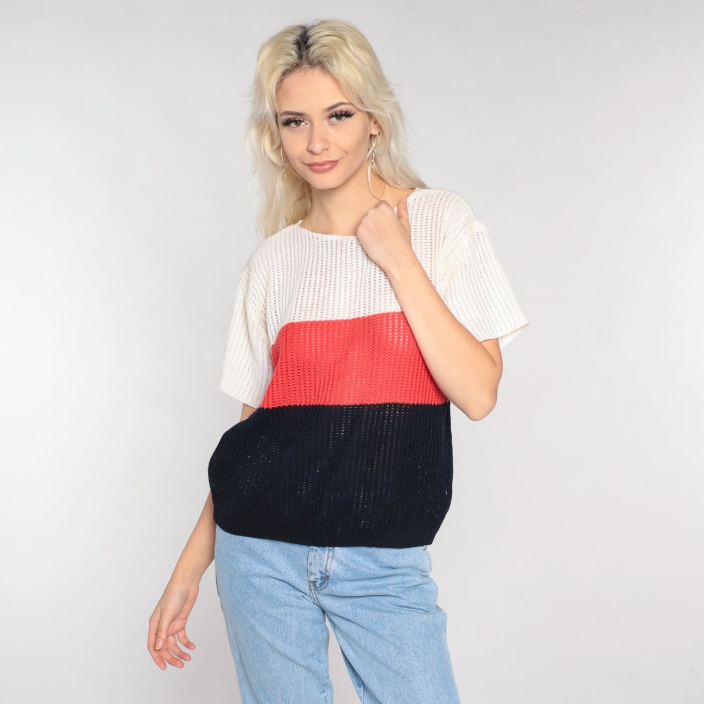 70s Striped Open Weave Knit Sweater Top Short Sleeve White Red Black Small