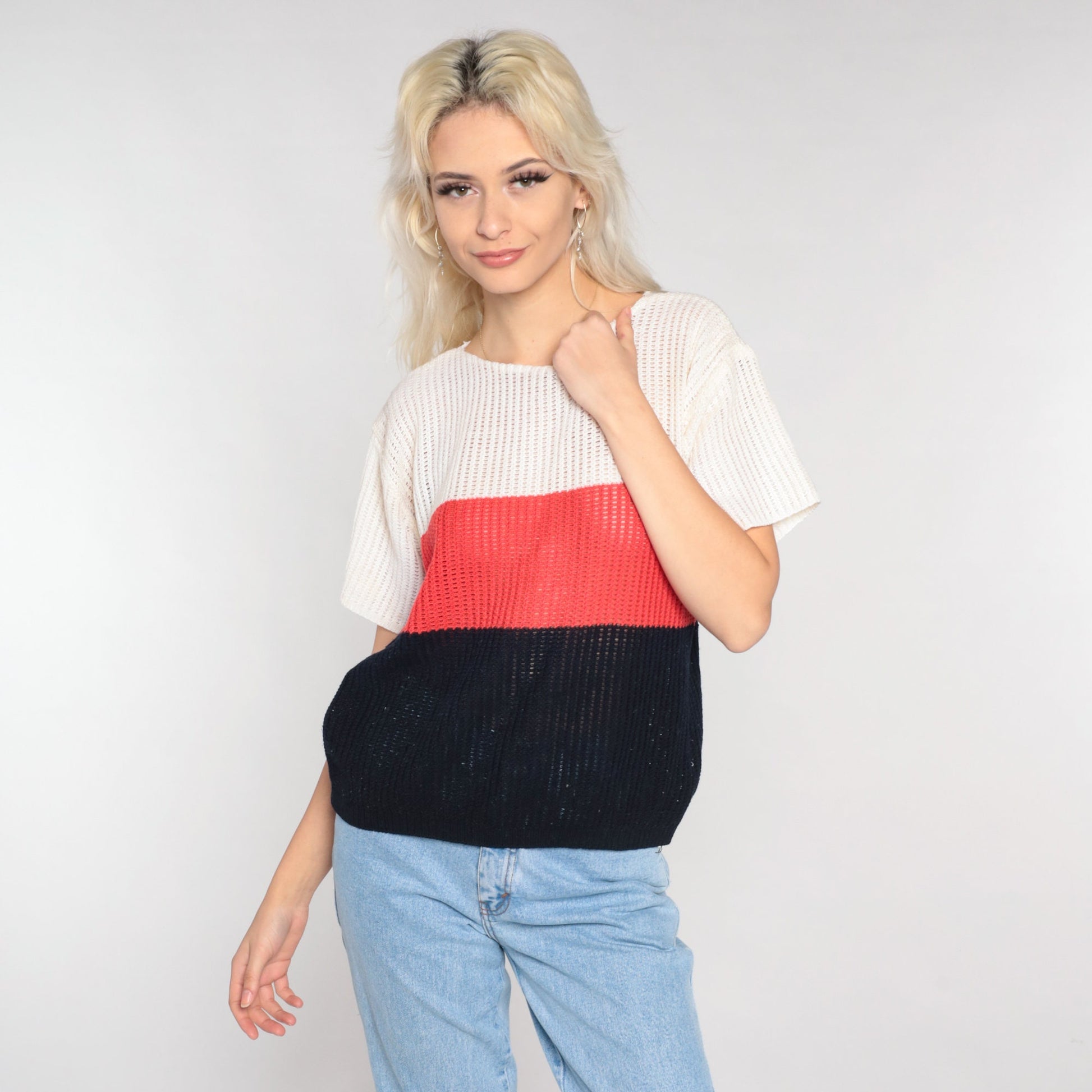 70s Striped Open Weave Knit Sweater Top Short Sleeve White Red Black Small
