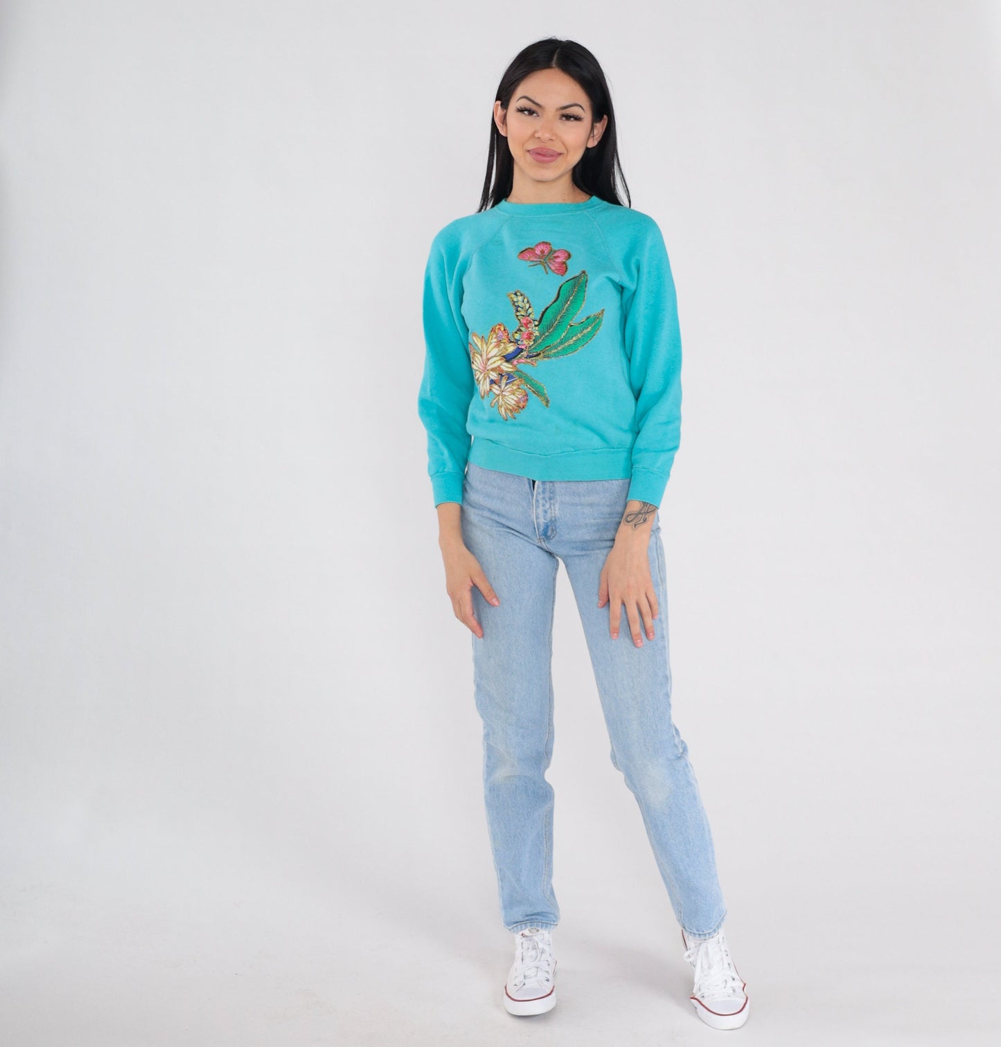90s Glitter Floral Butterfly Sweatshirt Teal Blue Raglan Graphic XS