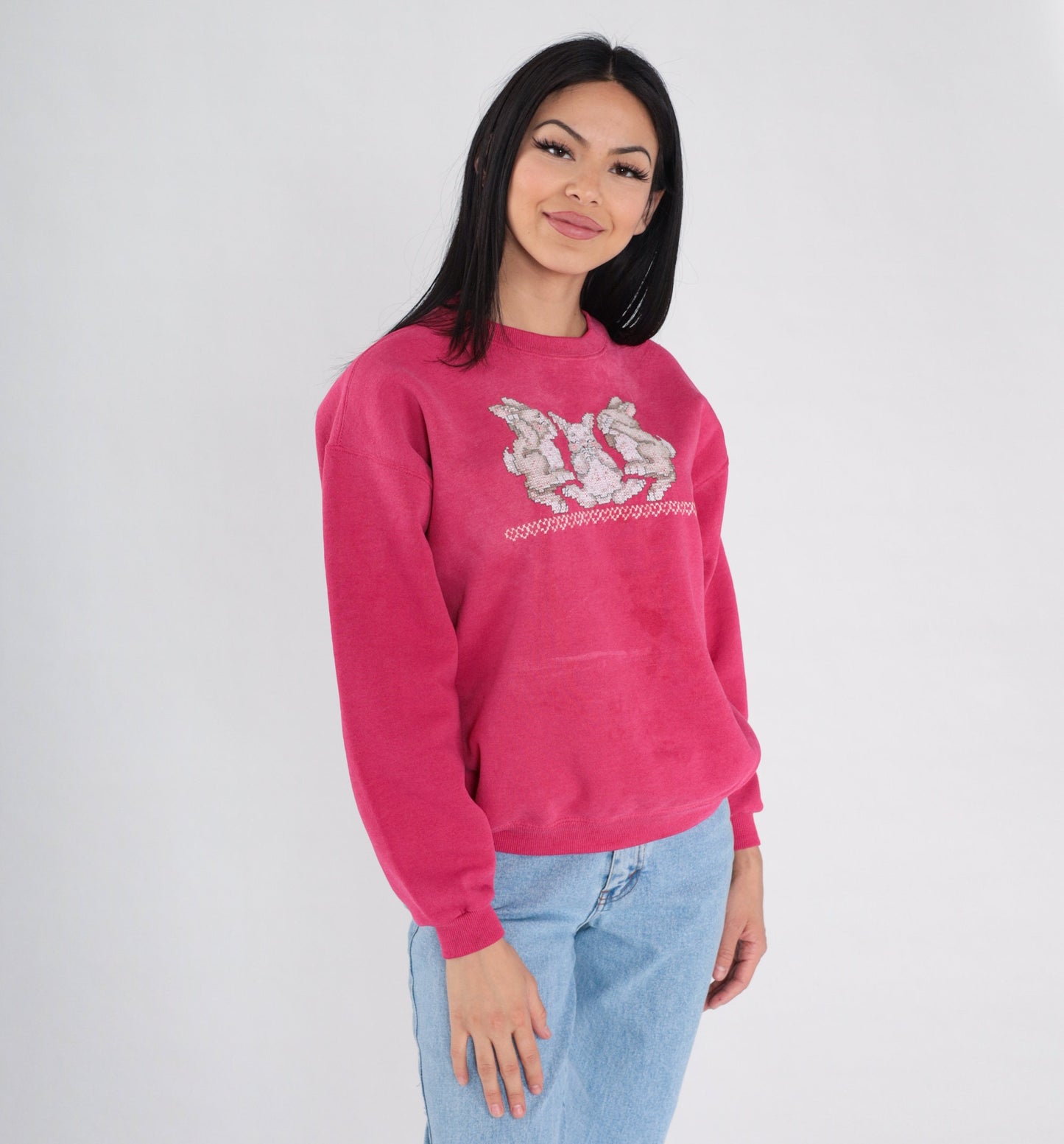 90s Bunny Cross Stitch Sweatshirt Faded Red Crewneck Pullover Medium M
