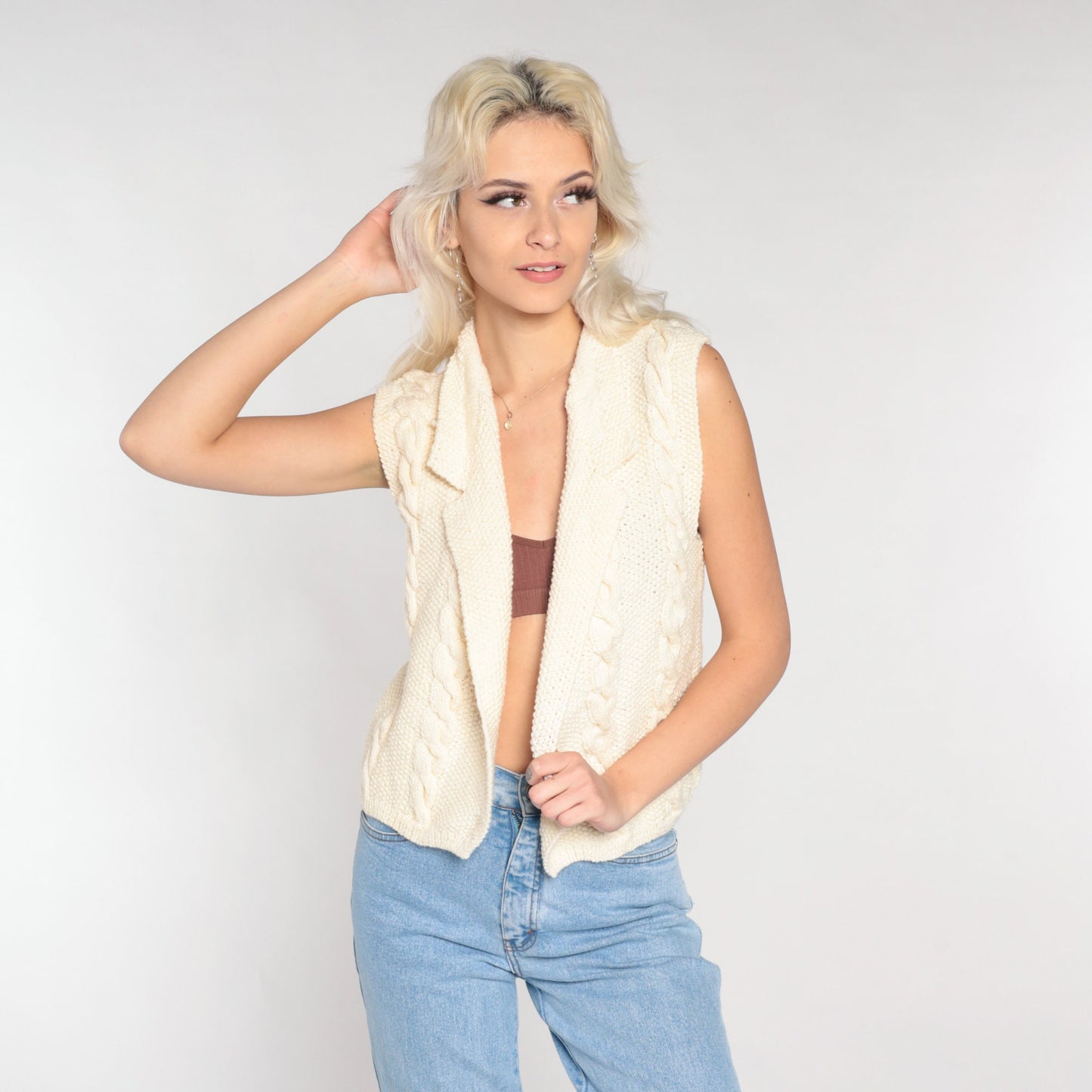 80s Cream Cable Knit Vest Collared Open Front Sleeveless Sweater Small