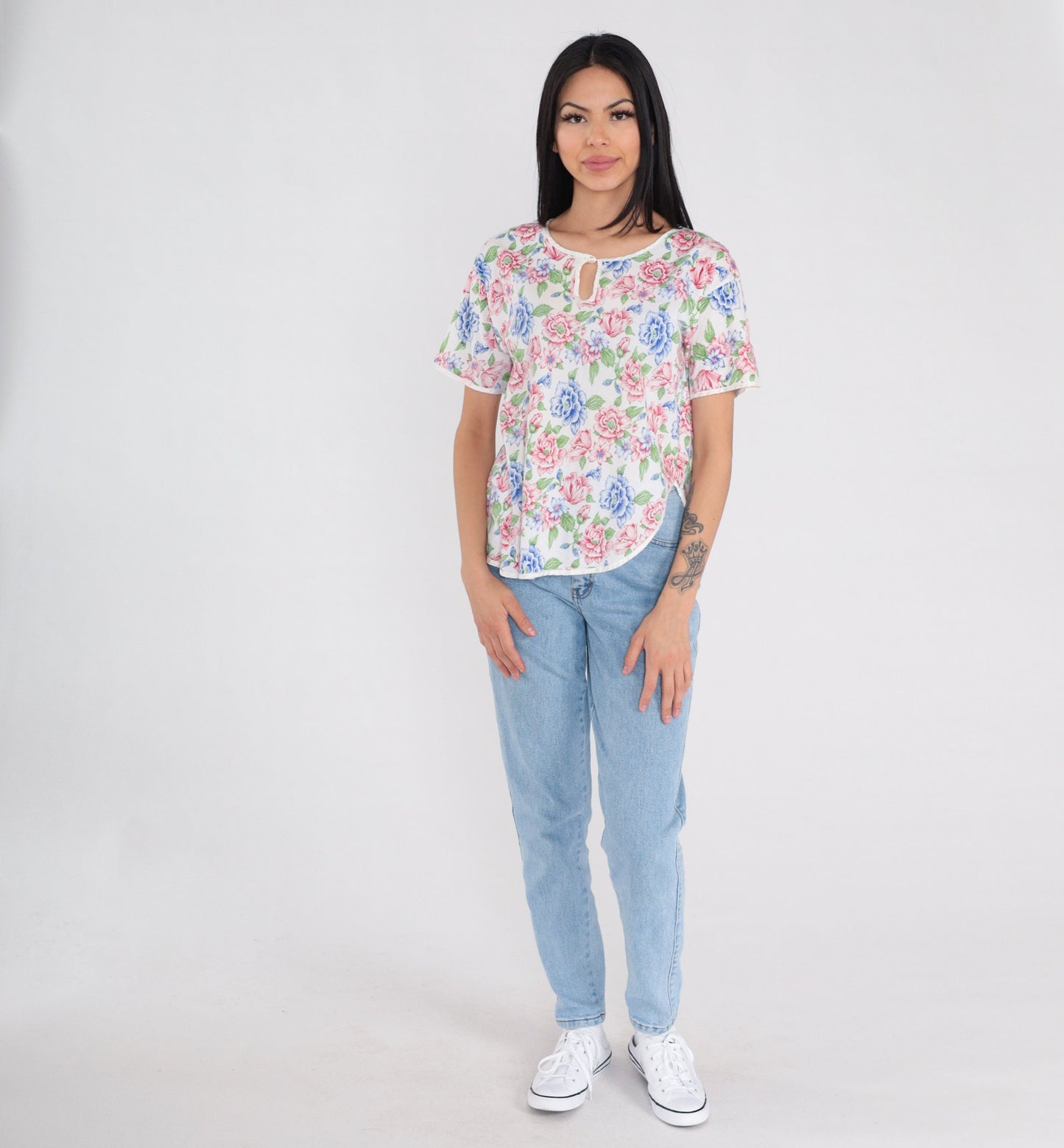 90s Floral Keyhole Blouse White Flower Print Cotton Short Sleeve Small