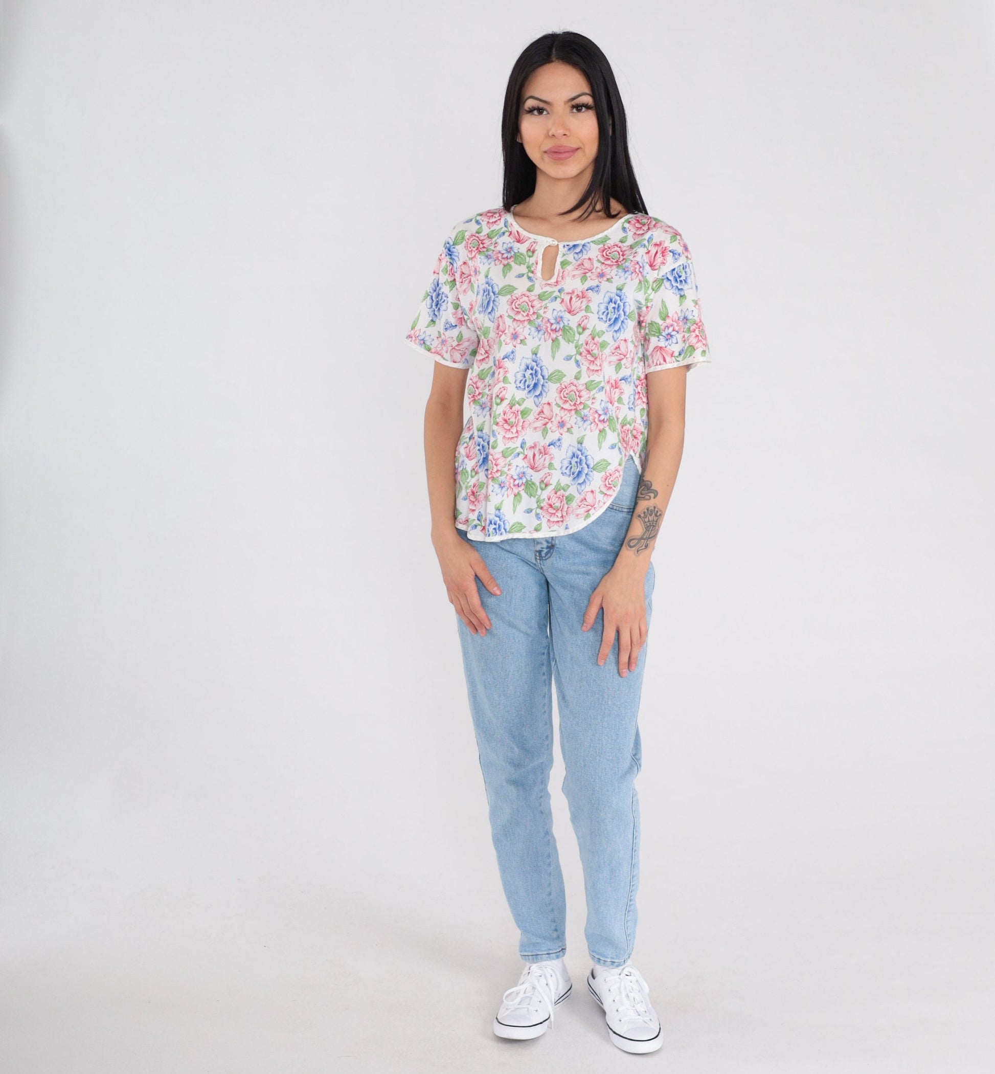 90s Floral Keyhole Blouse White Flower Print Cotton Short Sleeve Small
