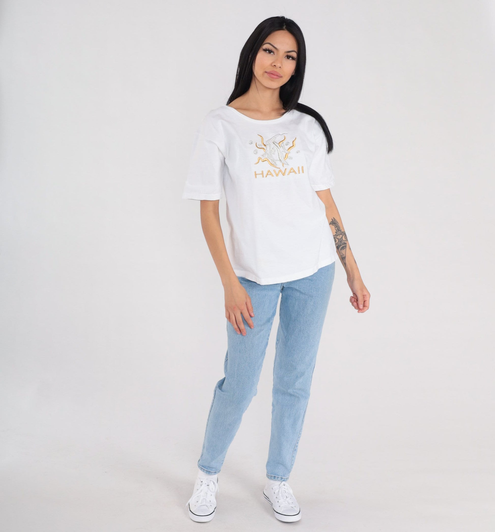 90s Hawaii Tropical Fish Embroidered T-Shirt White Graphic Tee Large L