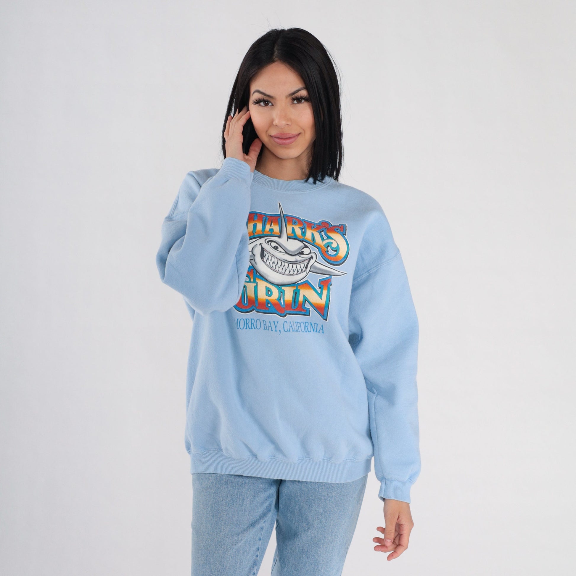 90s Shark's Grin Morro Bay California Sweatshirt Blue Graphic Pullover Large L