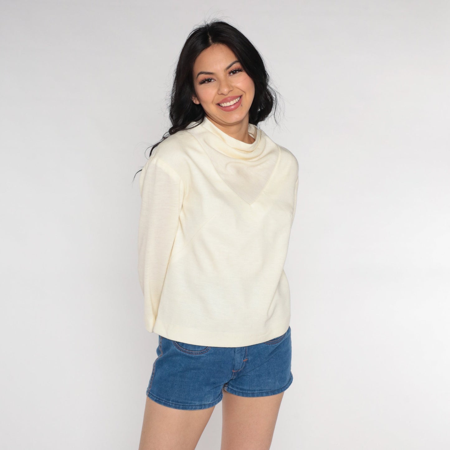 70s Off-White Mock Neck Blouse Long Sleeve Polyester Wool Blend Small S