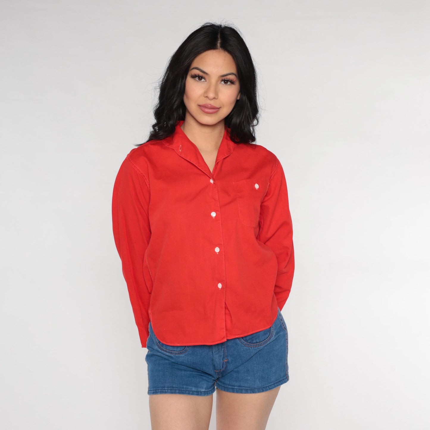 70s Red Cotton Blend Button-Up Shirt Long Sleeve Disco Blouse Small