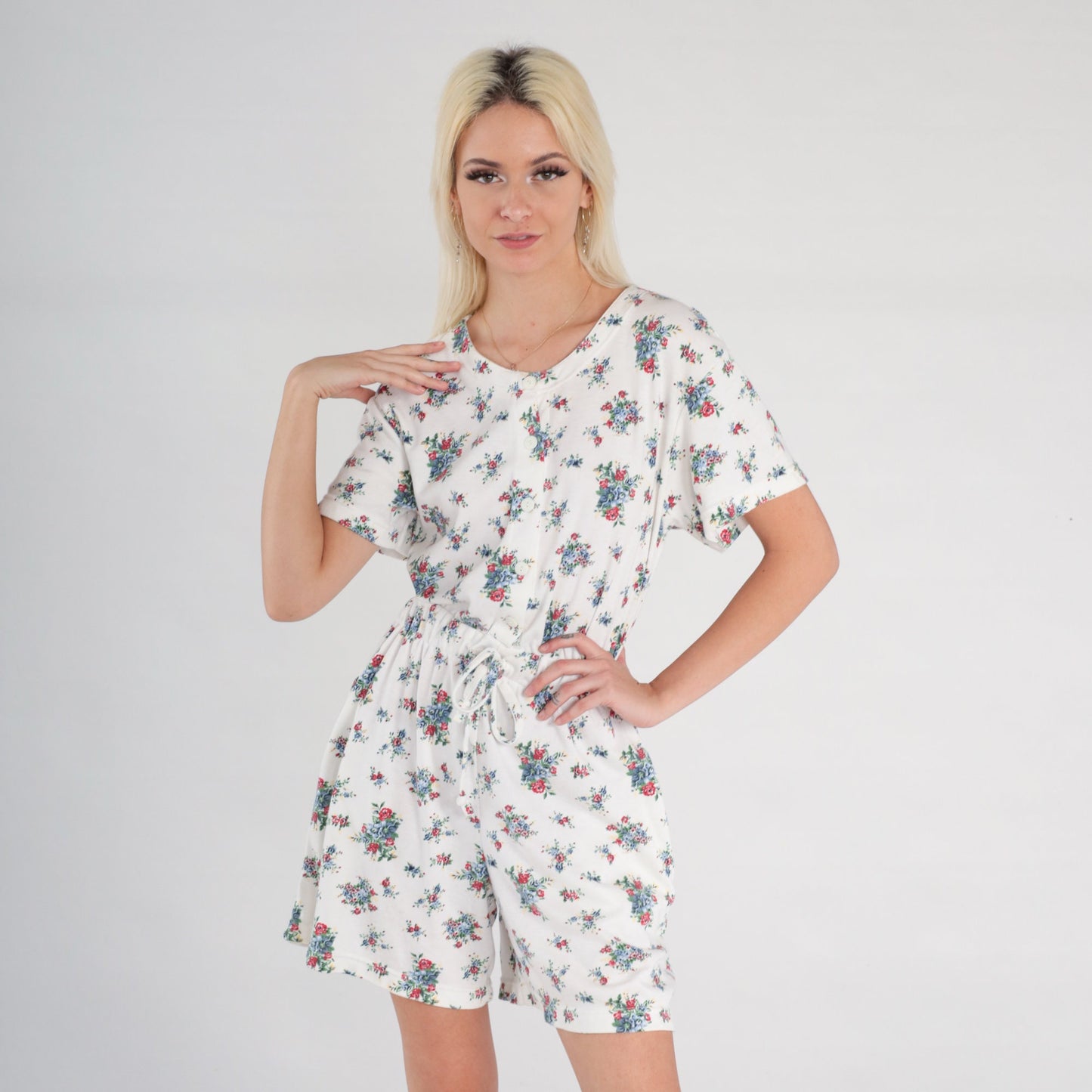 90s White Floral Romper Button-Up Short Sleeve Wide Leg Playsuit Small
