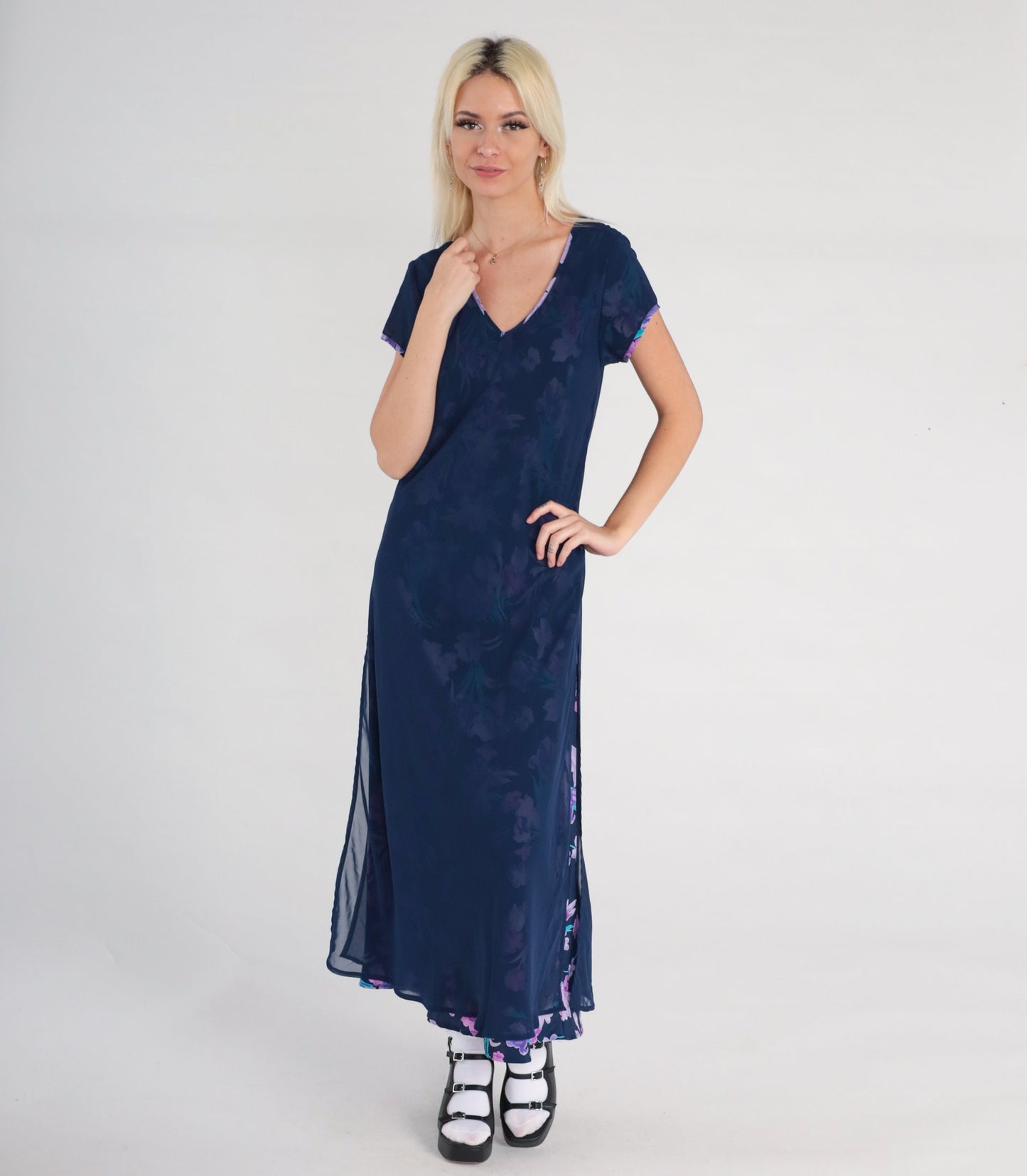00s Floral Chiffon Maxi Dress Dark Blue V-Neck Botanical Print Small