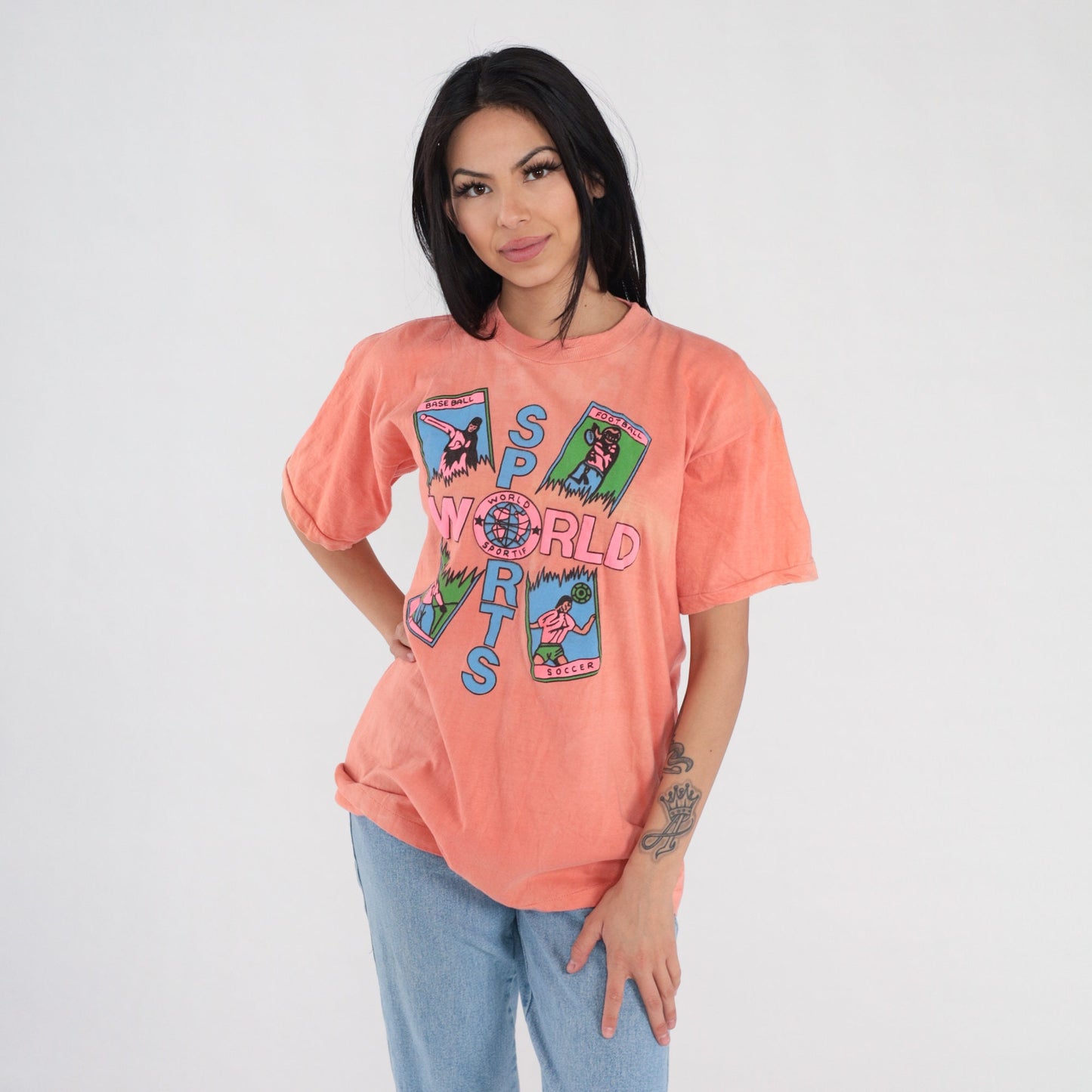 90s World Sportif French Graphic T-Shirt Peach Cotton Single Stitch Medium