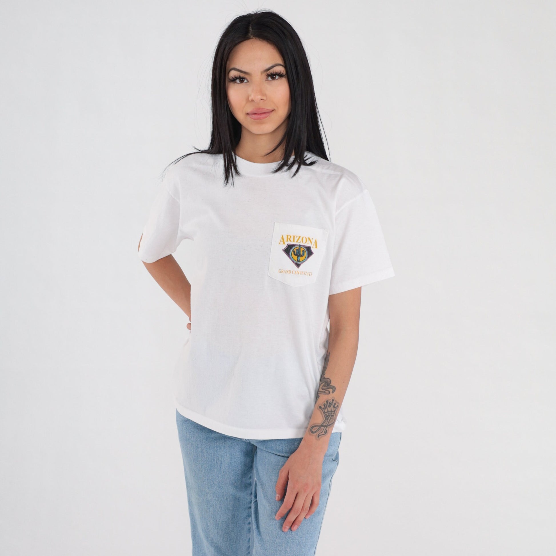 90s Arizona Grand Canyon State Graphic Pocket T-Shirt White Cotton Medium