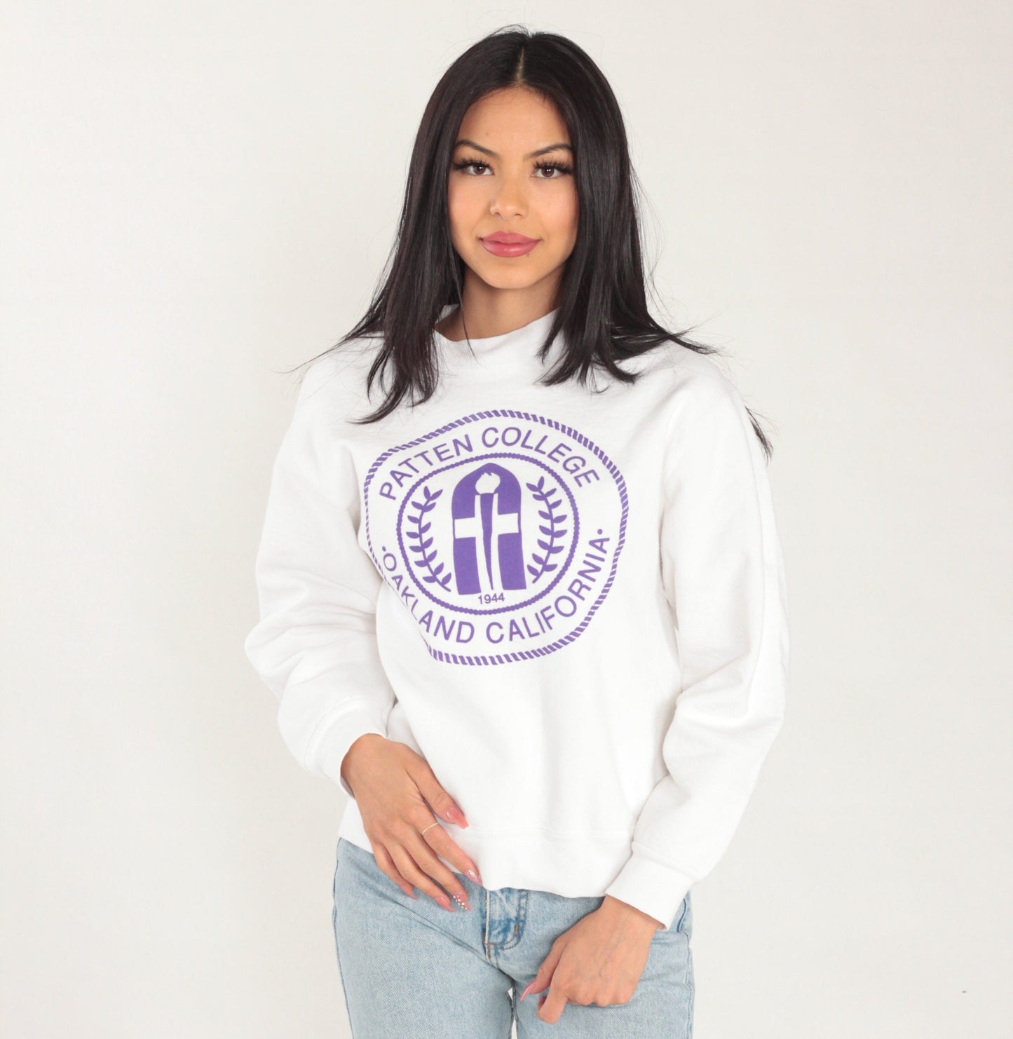 90s Patten College Oakland Sweatshirt White Purple Lions Graphic Small S