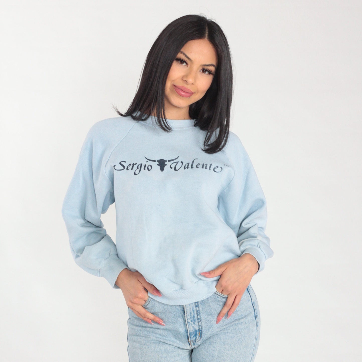 90s Sergio Valente Sweatshirt Light Blue Raglan Graphic Distressed Medium M