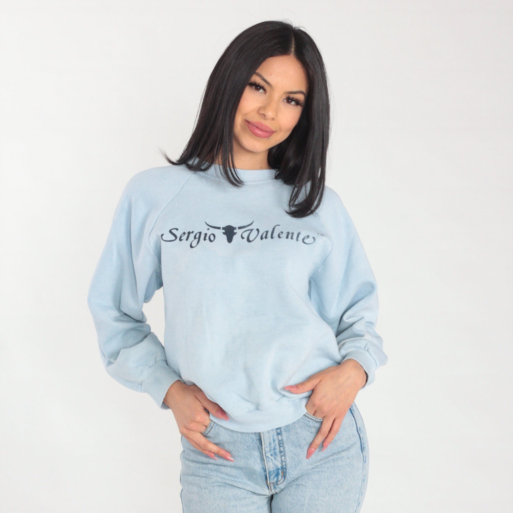 90s Sergio Valente Sweatshirt Light Blue Raglan Graphic Distressed Medium M