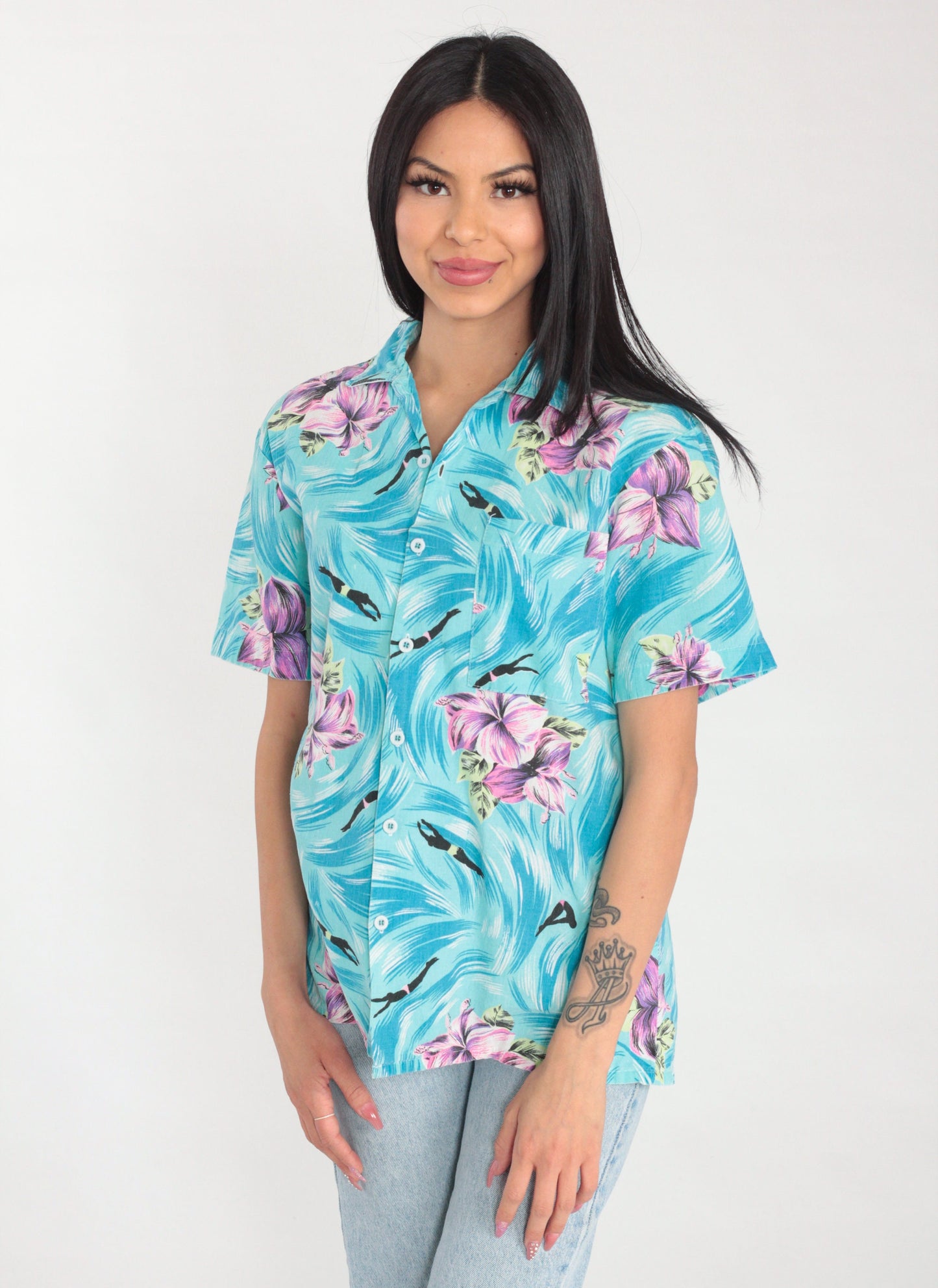 90s Tropical Floral Swimmer Print Button Up Shirt Blue Cotton Medium